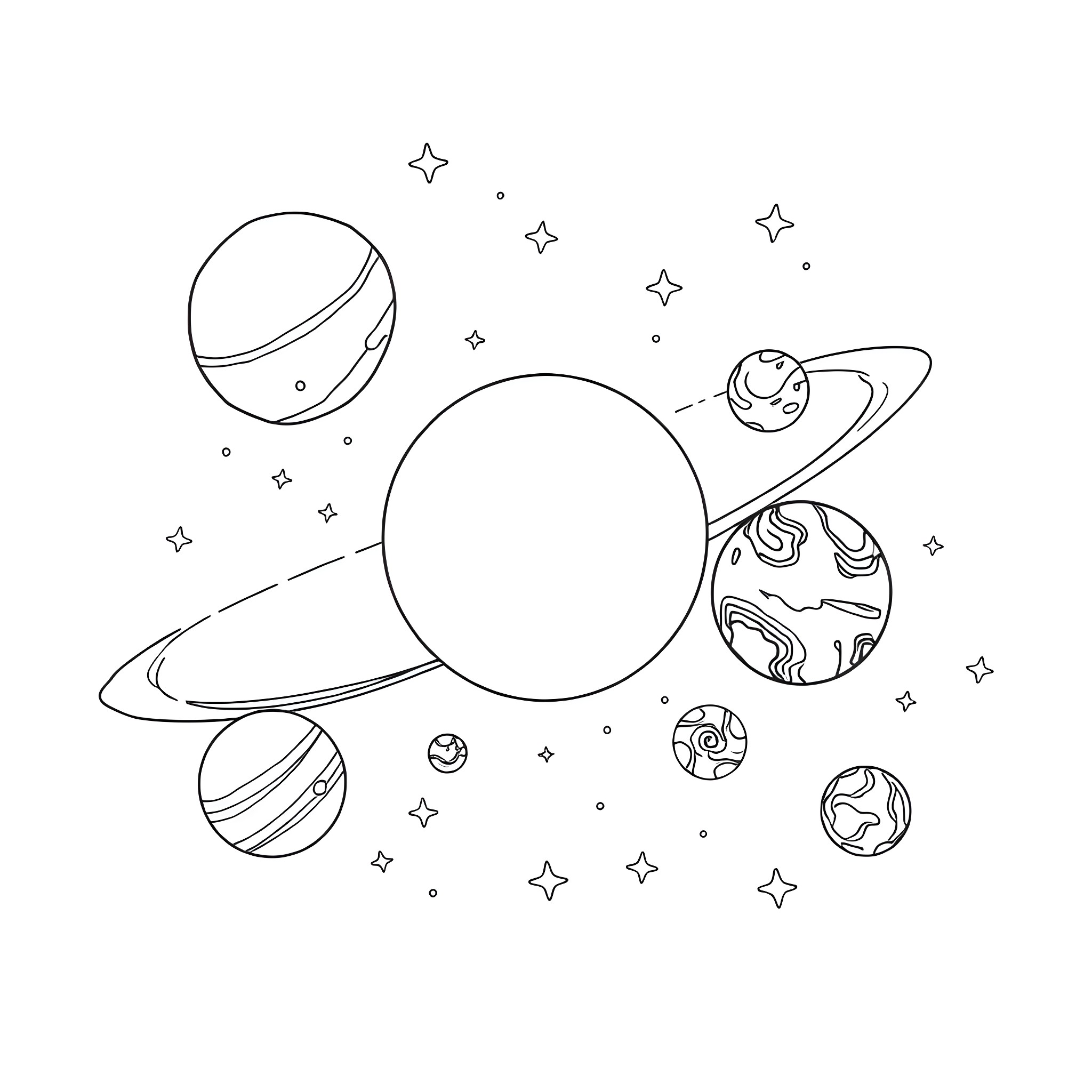 Solar System with Planets and Celestial Objects Coloring Page (free black-and-white line drawing printable PDF for all, from beginners to advanced learners, including children, teens, adults, and seniors)