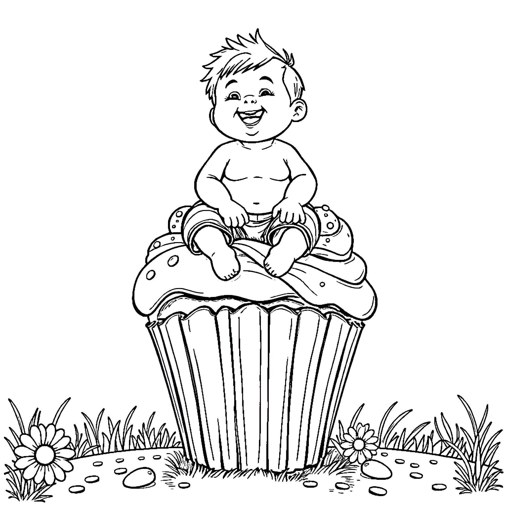 Kid sitting happily on a cupcake Coloring Page (free black-and-white line drawing printable PDF for all, from beginners to advanced learners, including children, teens, adults, and seniors)