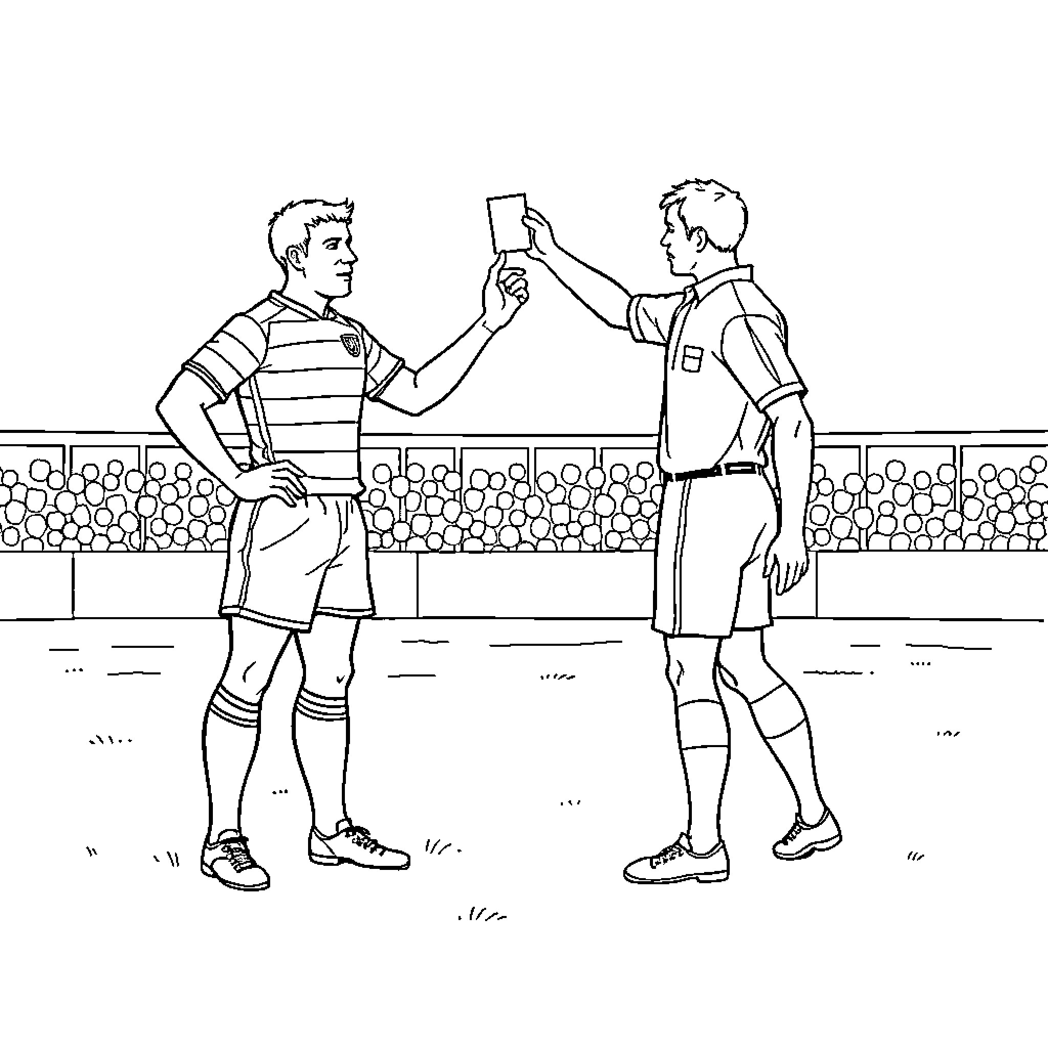 Rugby players shaking hands after match Coloring Page (free black-and-white line drawing printable PDF for all, from beginners to advanced learners, including children, teens, adults, and seniors)