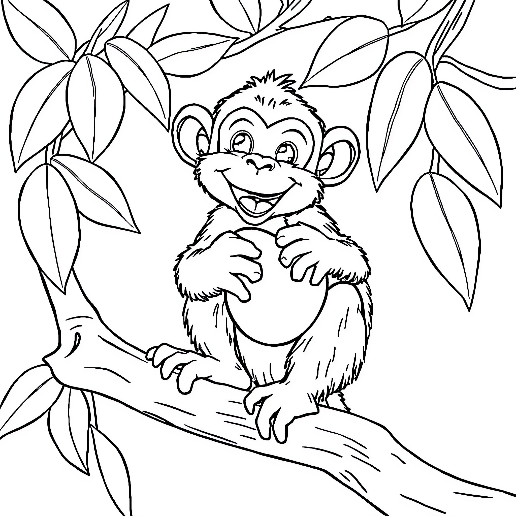 Monkey playing joyfully in lush foliage Coloring Page (free black-and-white line drawing printable PDF for all, from beginners to advanced learners, including children, teens, adults, and seniors)