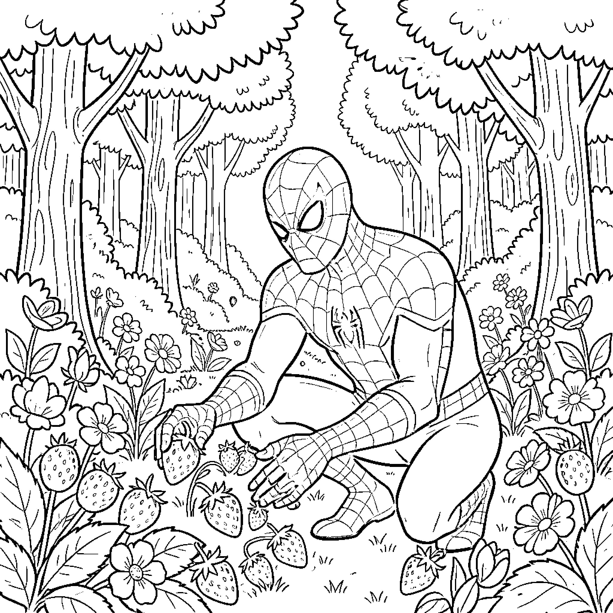 Spiderman exploring the enchanting forest Coloring Page (free black-and-white line drawing printable PDF for all, from beginners to advanced learners, including children, teens, adults, and seniors)