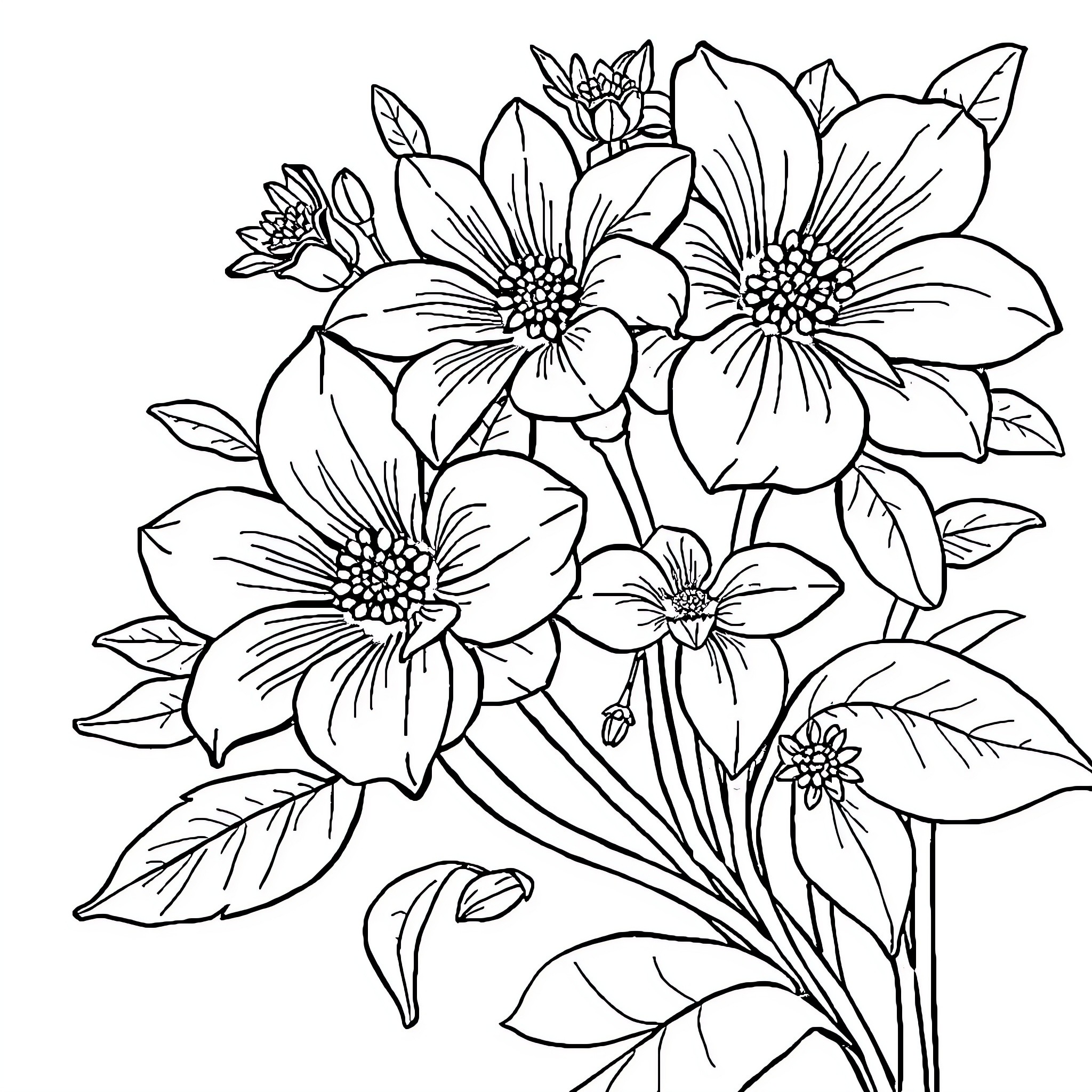 Flower bouquet with artistic blooms Coloring Page (free black-and-white line drawing printable PDF for all, from beginners to advanced learners, including children, teens, adults, and seniors)