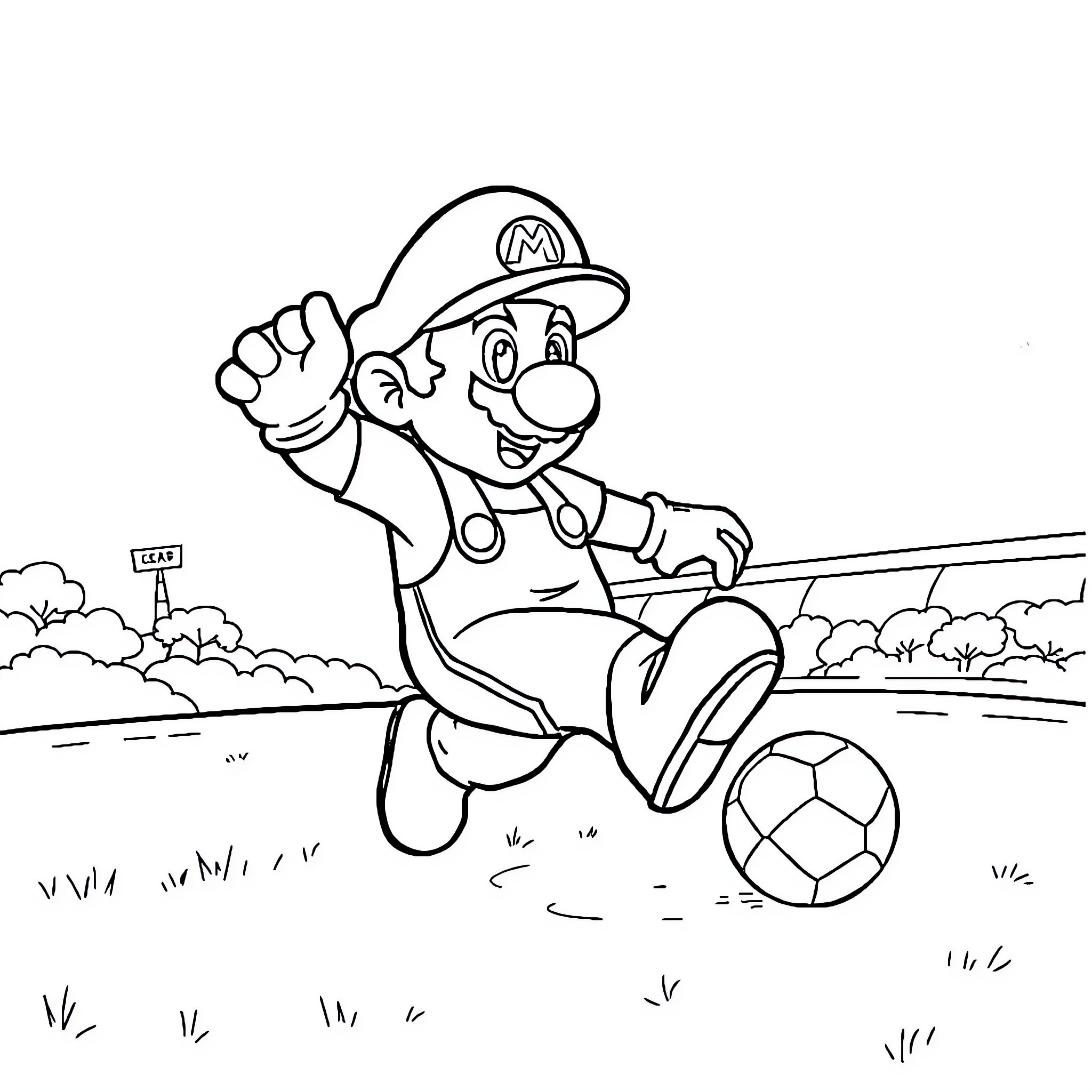 Mario playing soccer on the field Coloring Page (free black-and-white line drawing printable PDF for all, from beginners to advanced learners, including children, teens, adults, and seniors)