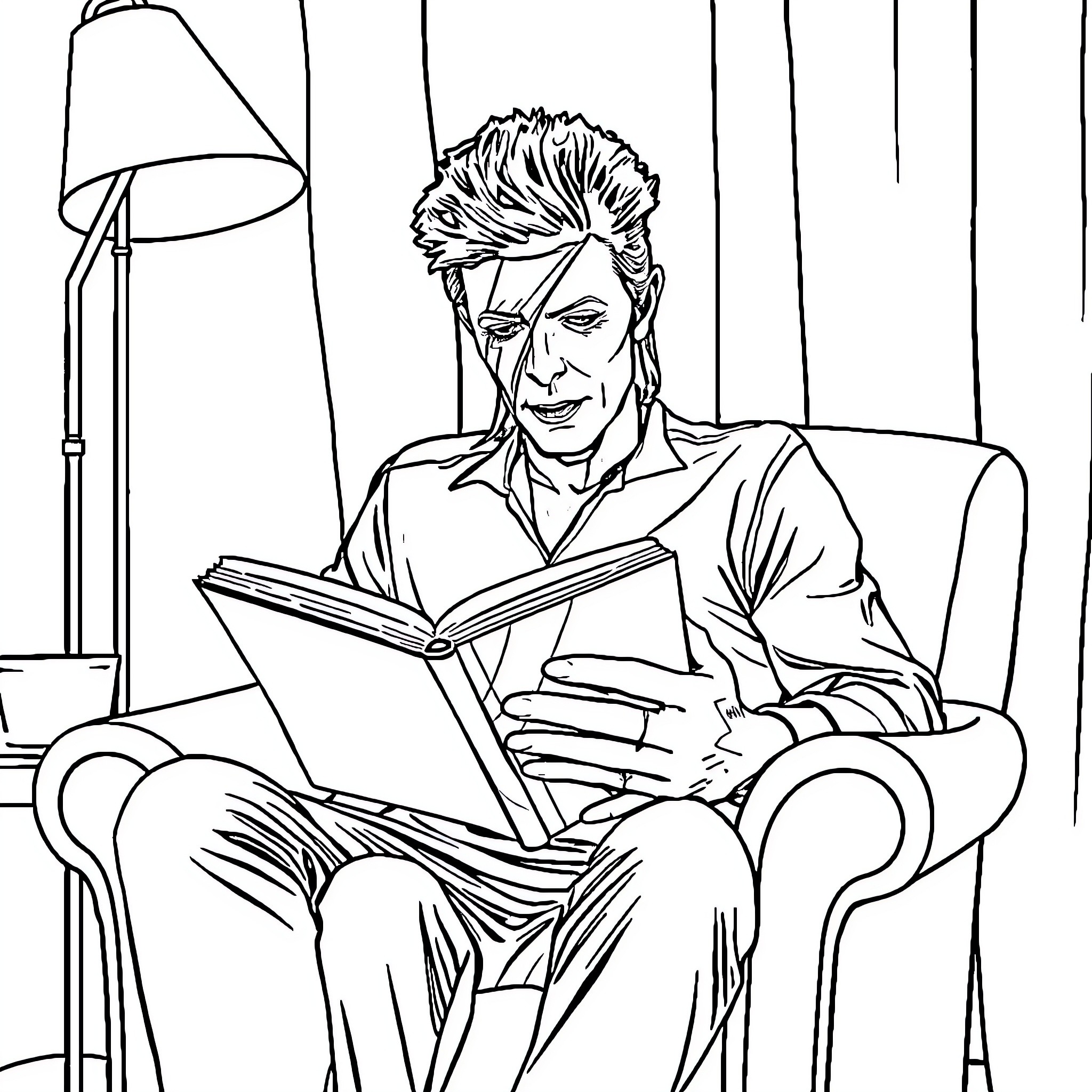 David Bowie Reading Book in Thoughtful Pose Coloring Page (free black-and-white line drawing printable PDF for all, from beginners to advanced learners, including children, teens, adults, and seniors)