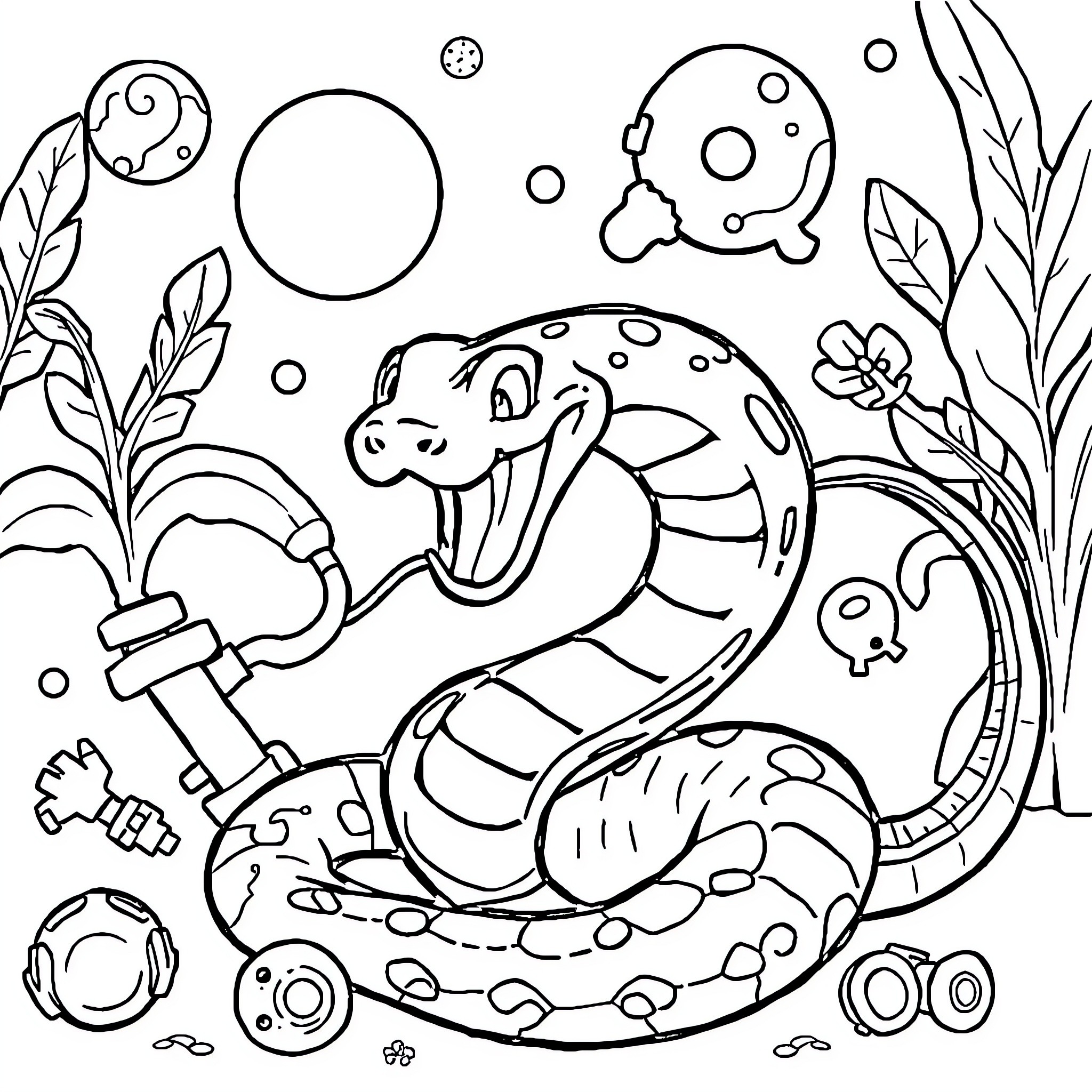 Python exploring whimsical outer space Coloring Page (free black-and-white line drawing printable PDF for all, from beginners to advanced learners, including children, teens, adults, and seniors)