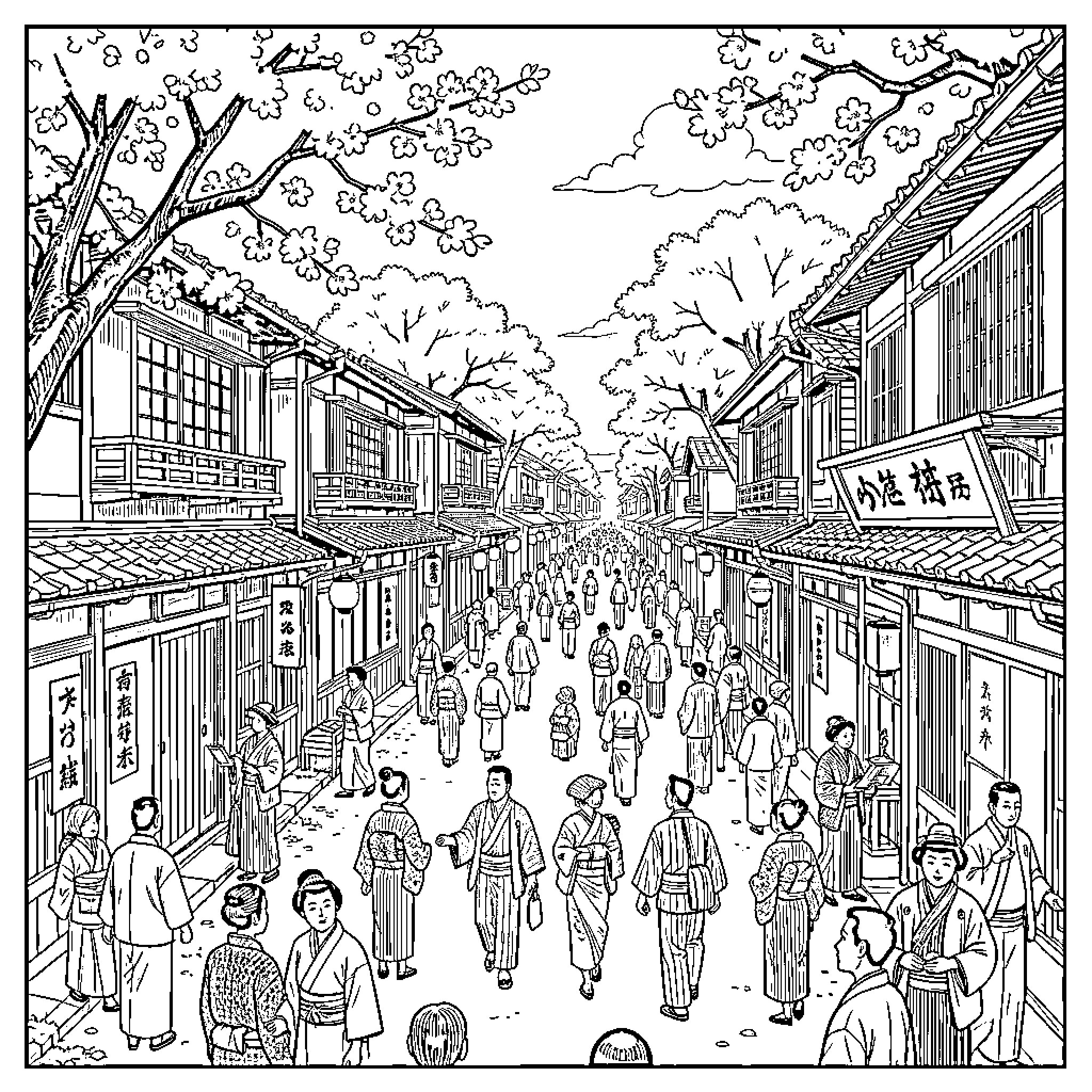 Japan: Bustling Traditional Street Scene Coloring Page (free black-and-white line drawing printable PDF for all, from beginners to advanced learners, including children, teens, adults, and seniors)