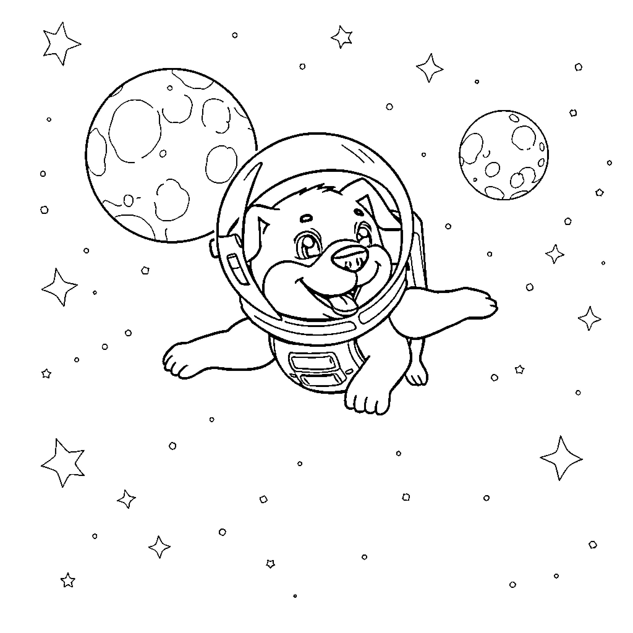 Dog Astronaut Exploring the Starry Cosmos Coloring Page (free black-and-white line drawing printable PDF for all, from beginners to advanced learners, including children, teens, adults, and seniors)