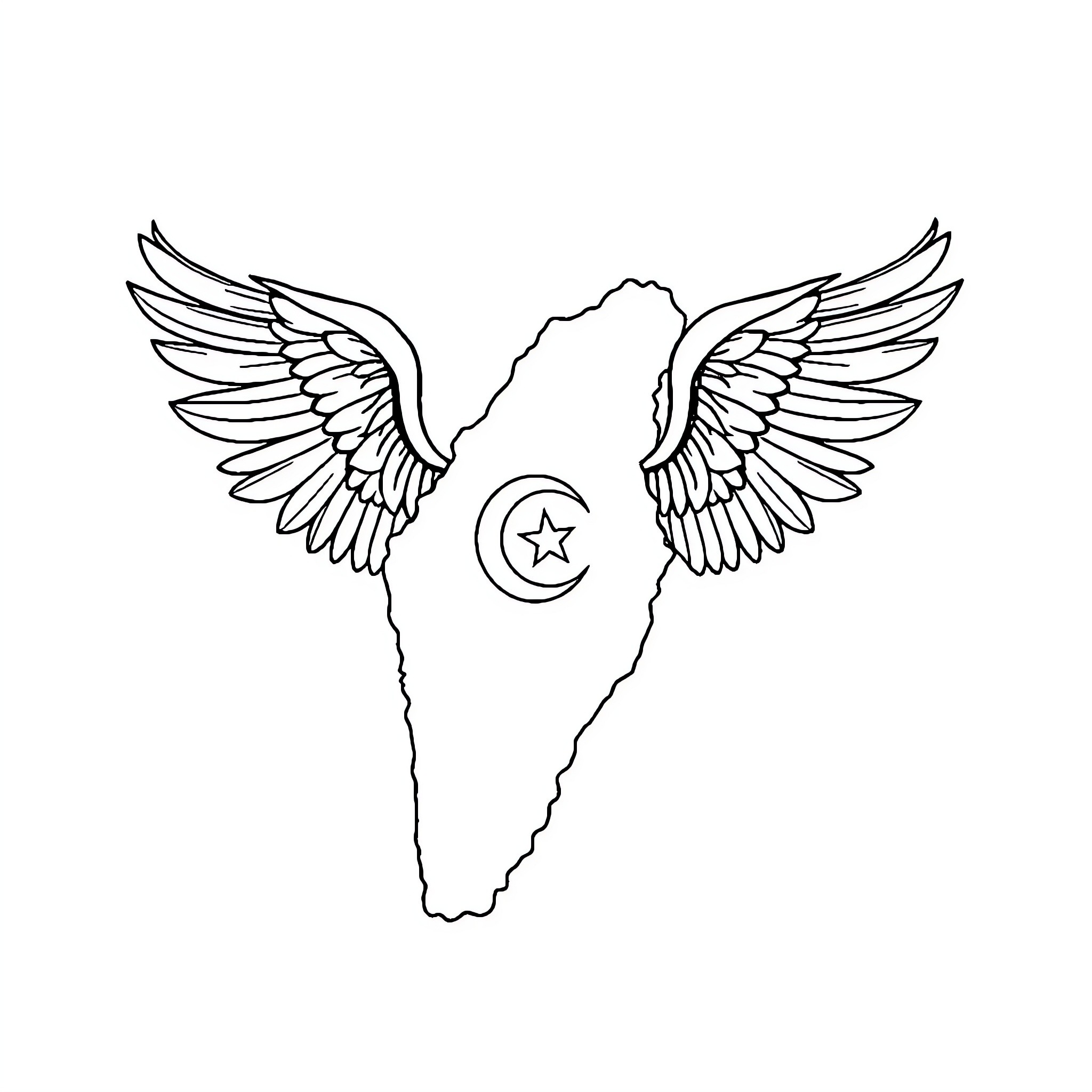 Map of winged symbol with crescent moon Coloring Page (free black-and-white line drawing printable PDF for all, from beginners to advanced learners, including children, teens, adults, and seniors)
