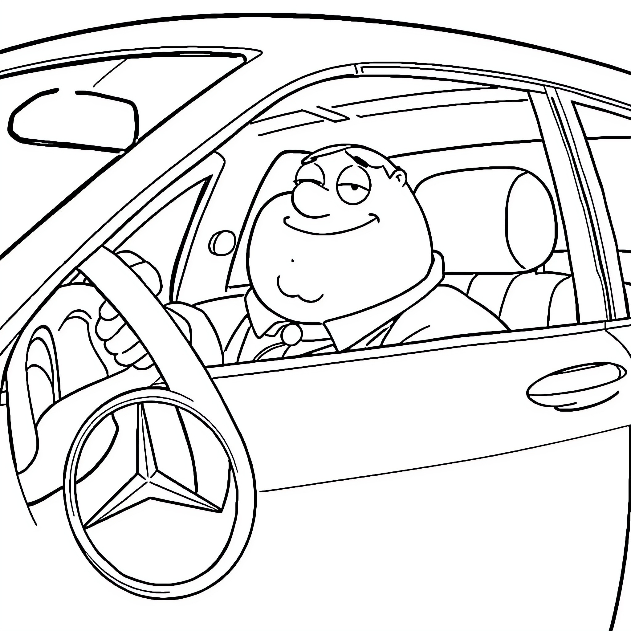 Peter Griffin driving his car happily Coloring Page (free black-and-white line drawing printable PDF for all, from beginners to advanced learners, including children, teens, adults, and seniors)