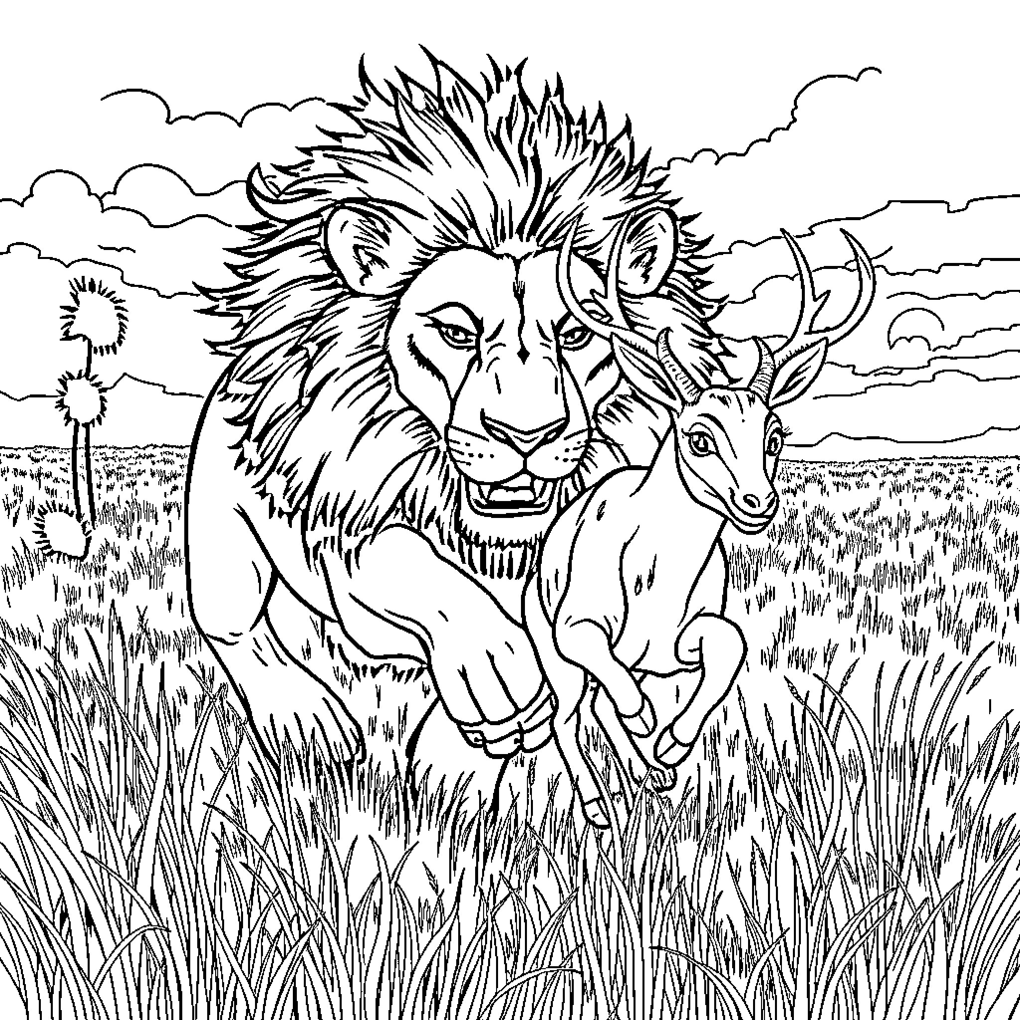Lion prowling through the grasslands Coloring Page (free black-and-white line drawing printable PDF for all, from beginners to advanced learners, including children, teens, adults, and seniors)