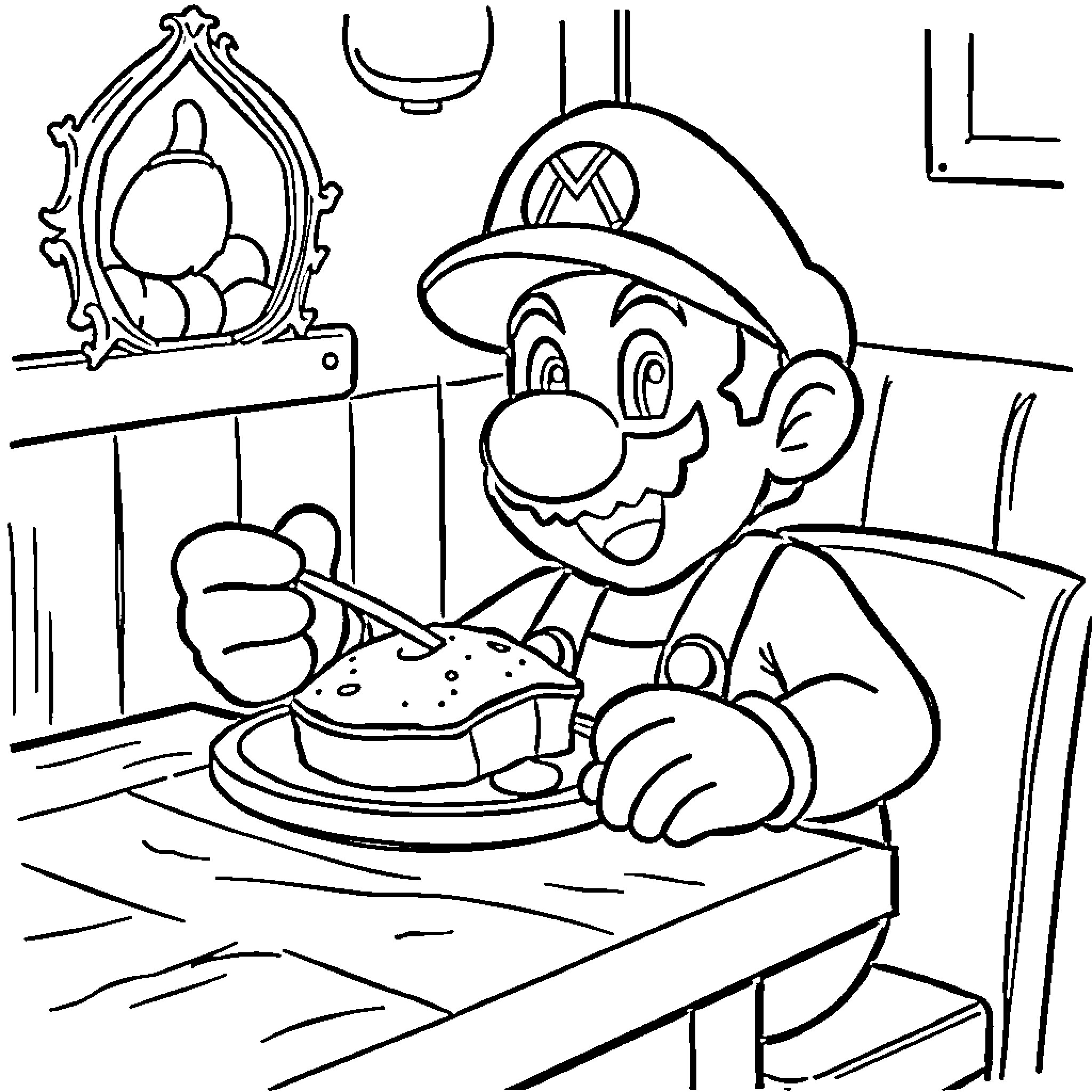 Mario enjoys a hearty meal in his kitchen Coloring Page (free black-and-white line drawing printable PDF for all, from beginners to advanced learners, including children, teens, adults, and seniors)
