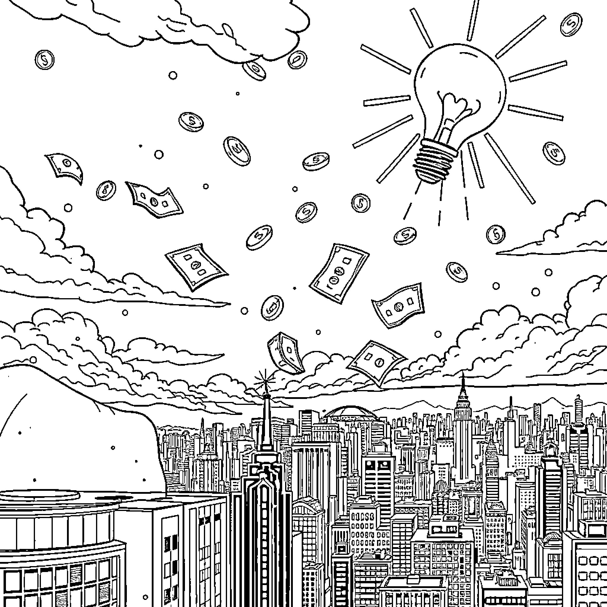 Business Opportunities Shining Bright in the City Coloring Page (free black-and-white line drawing printable PDF for all, from beginners to advanced learners, including children, teens, adults, and seniors)