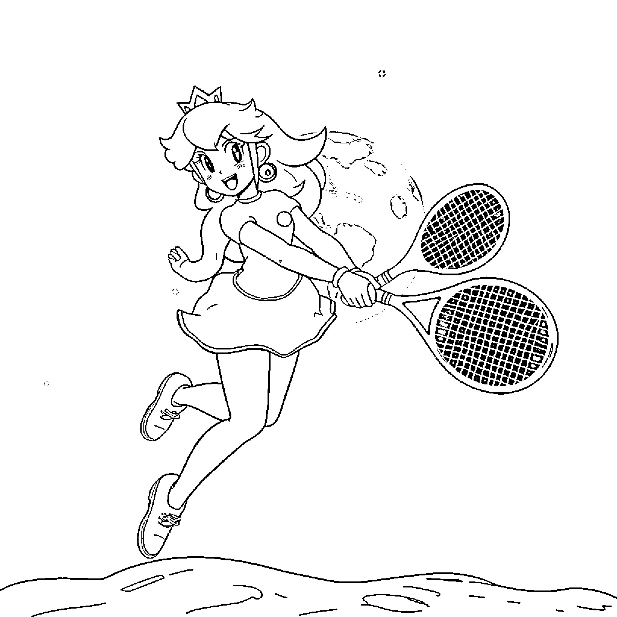 Princess Peach playing tennis enthusiastically Coloring Page (free black-and-white line drawing printable PDF for all, from beginners to advanced learners, including children, teens, adults, and seniors)