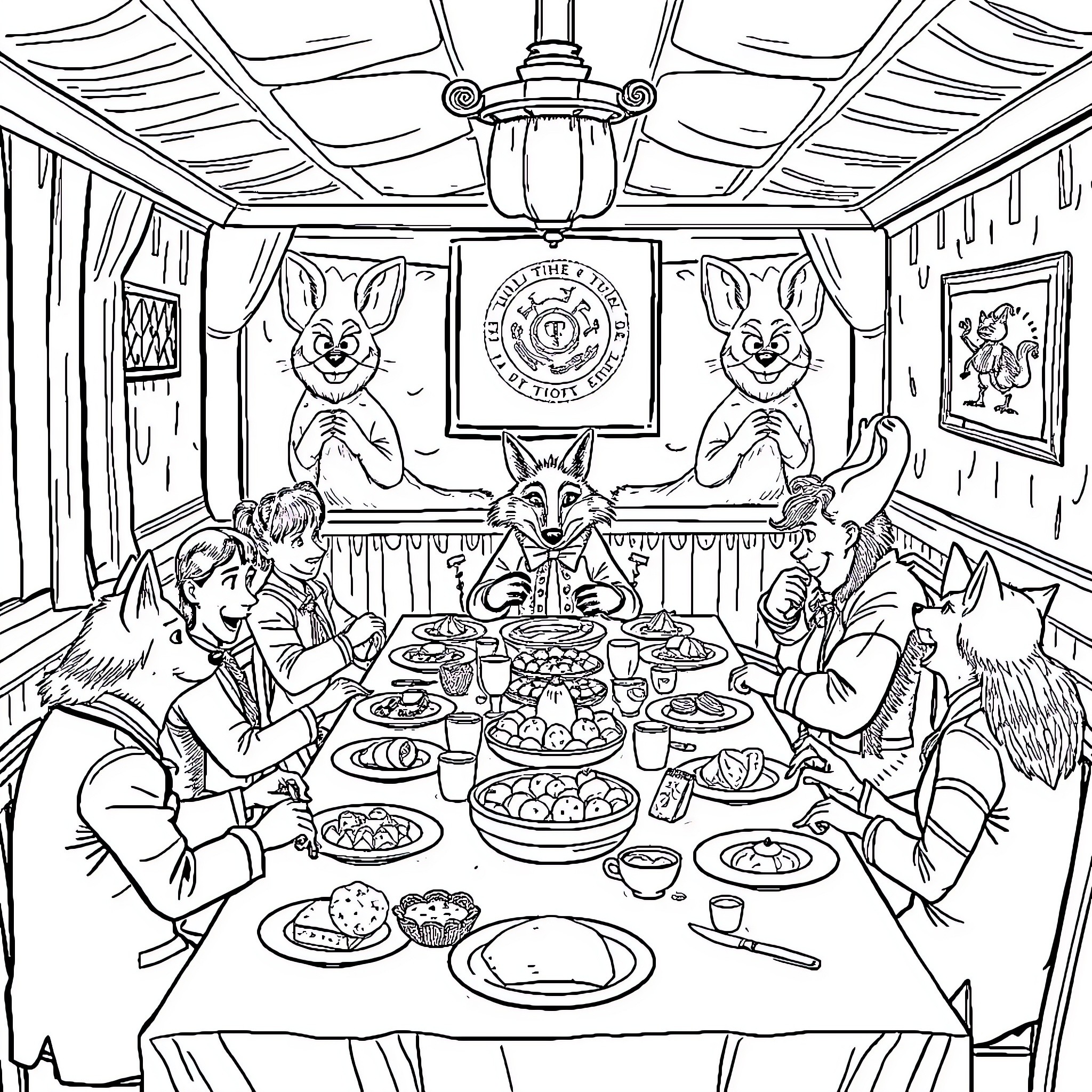 Mr Fox and his friends enjoying a cozy dinner party Coloring Page (free black-and-white line drawing printable PDF for all, from beginners to advanced learners, including children, teens, adults, and seniors)