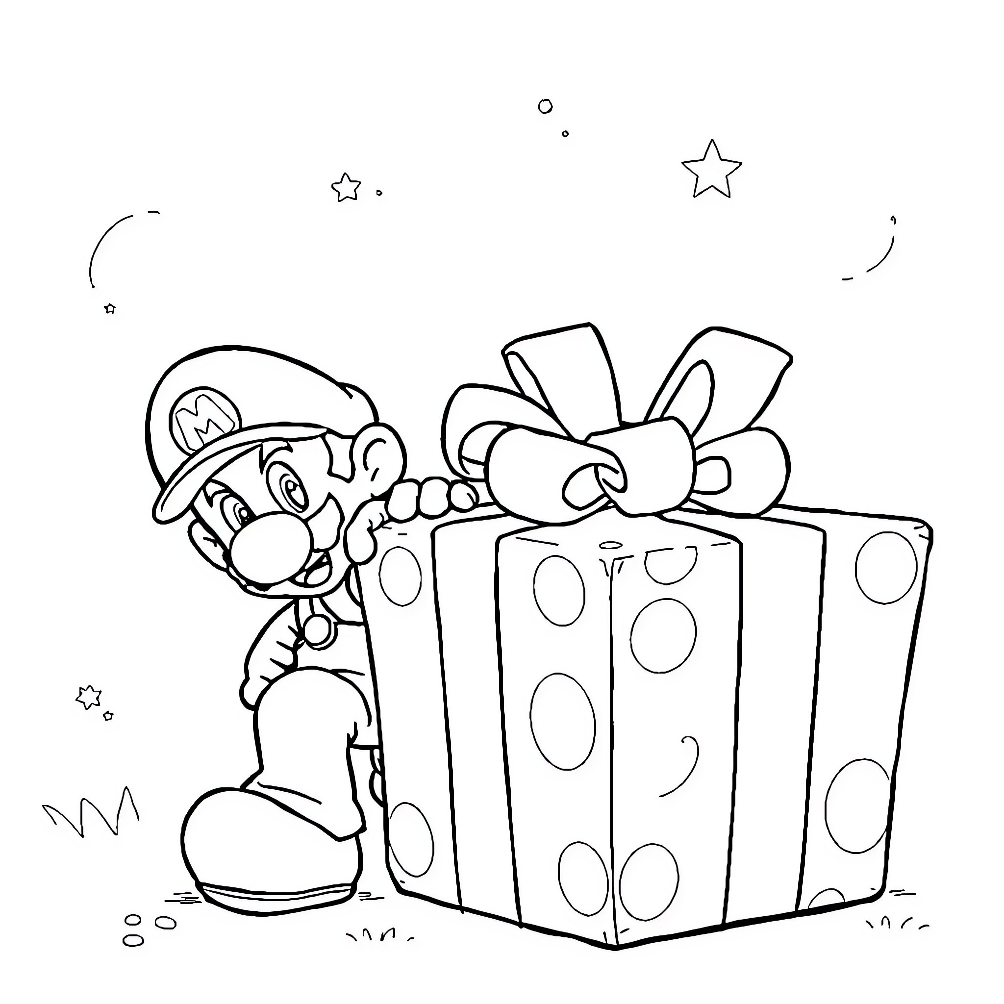 Mario's Joyful Gift Unwrapping Coloring Page (free black-and-white line drawing printable PDF for all, from beginners to advanced learners, including children, teens, adults, and seniors)