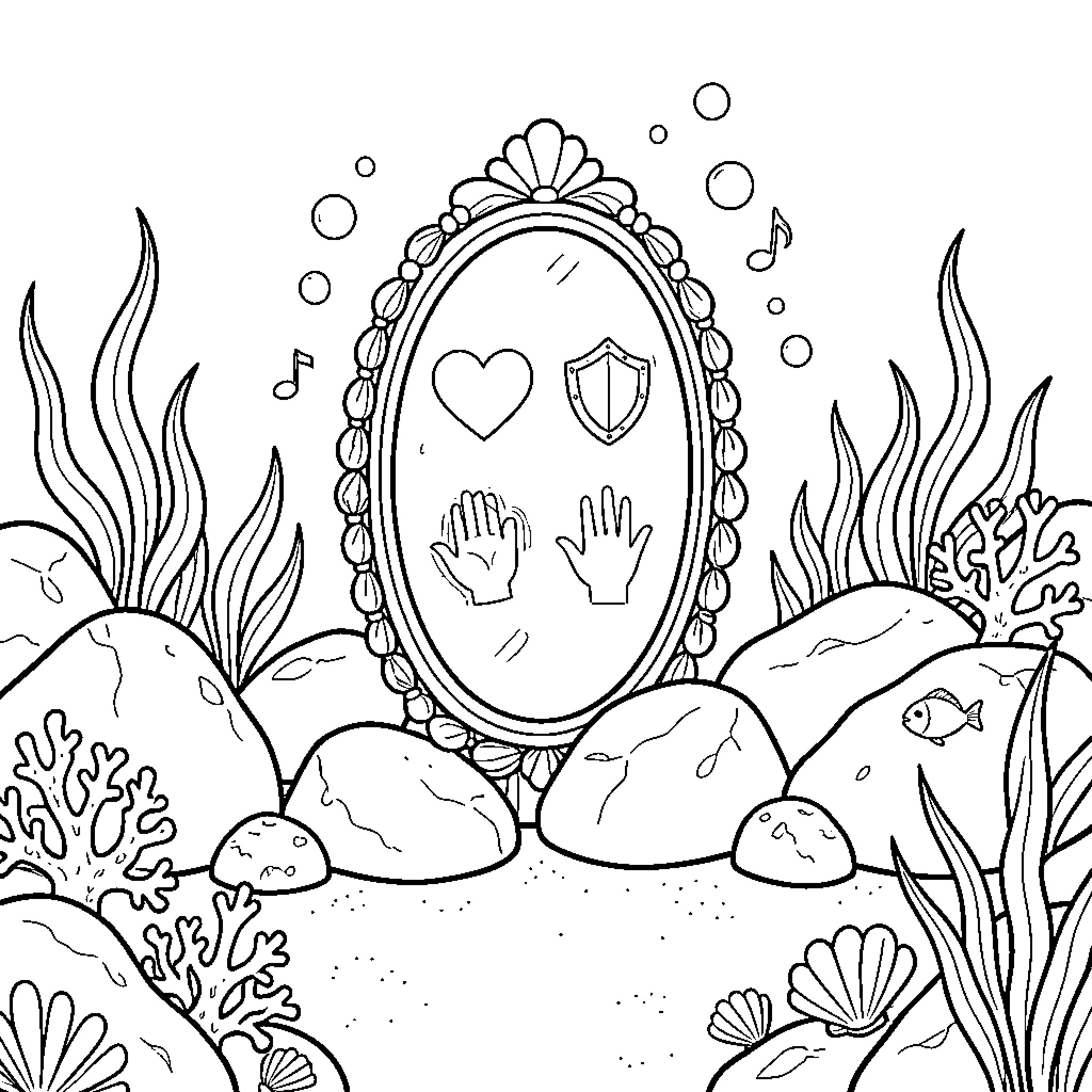Mirror displaying symbols in an underwater ocean scene Coloring Page (free black-and-white line drawing printable PDF for all, from beginners to advanced learners, including children, teens, adults, and seniors)