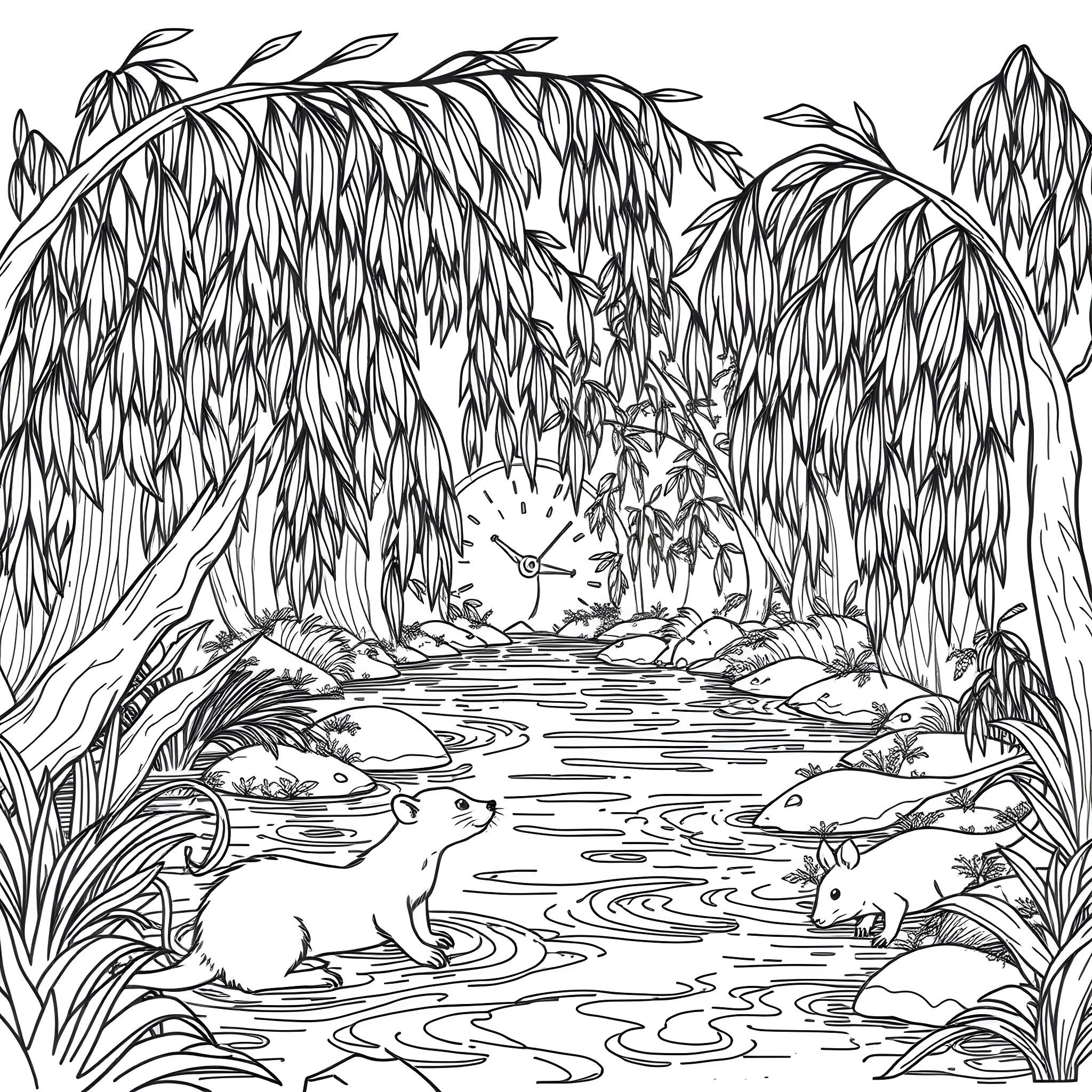 Willow Forest with Playful Critters Coloring Page (free black-and-white line drawing printable PDF for all, from beginners to advanced learners, including children, teens, adults, and seniors)