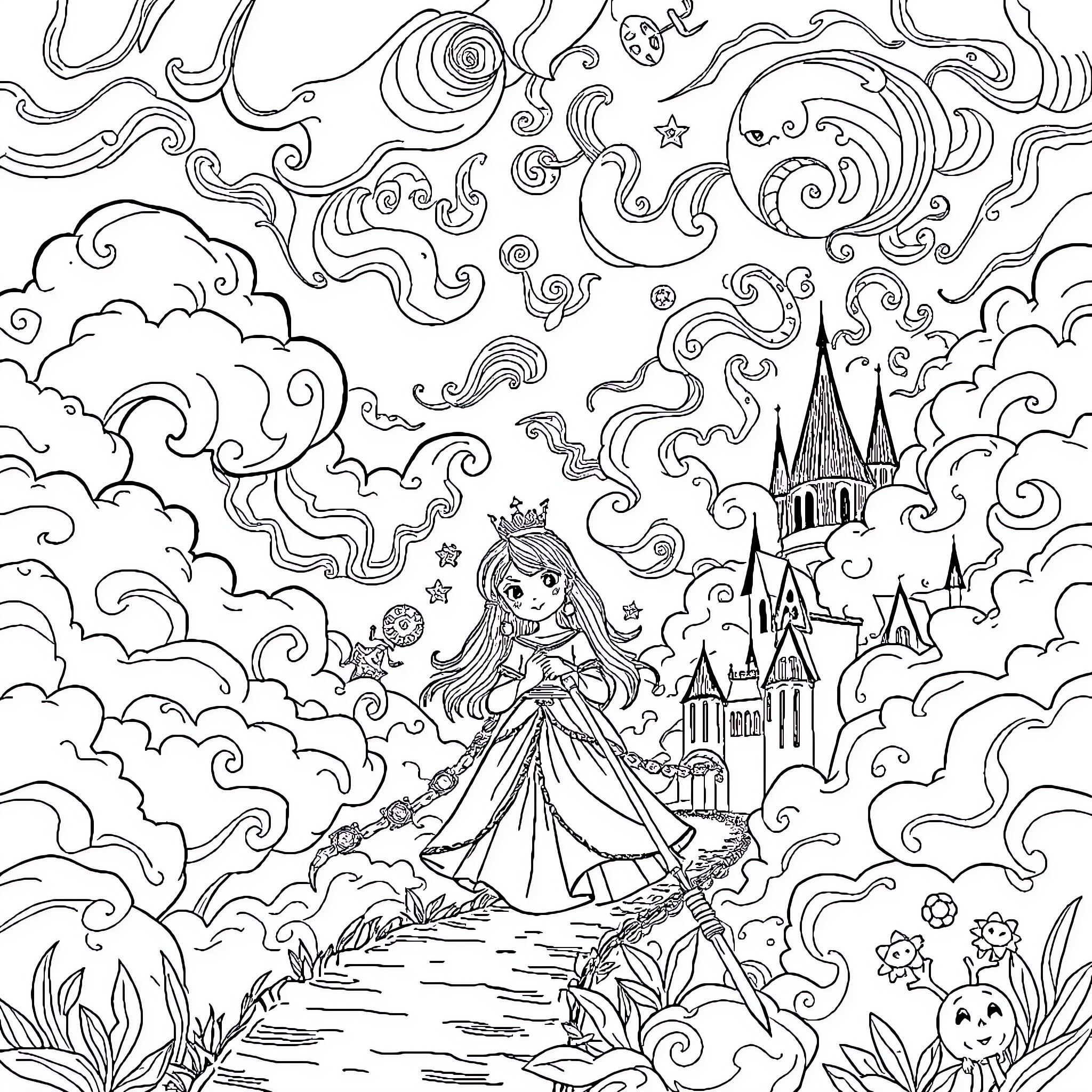 Princess in a Magical Kingdom of Dreams Coloring Page (free black-and-white line drawing printable PDF for all, from beginners to advanced learners, including children, teens, adults, and seniors)