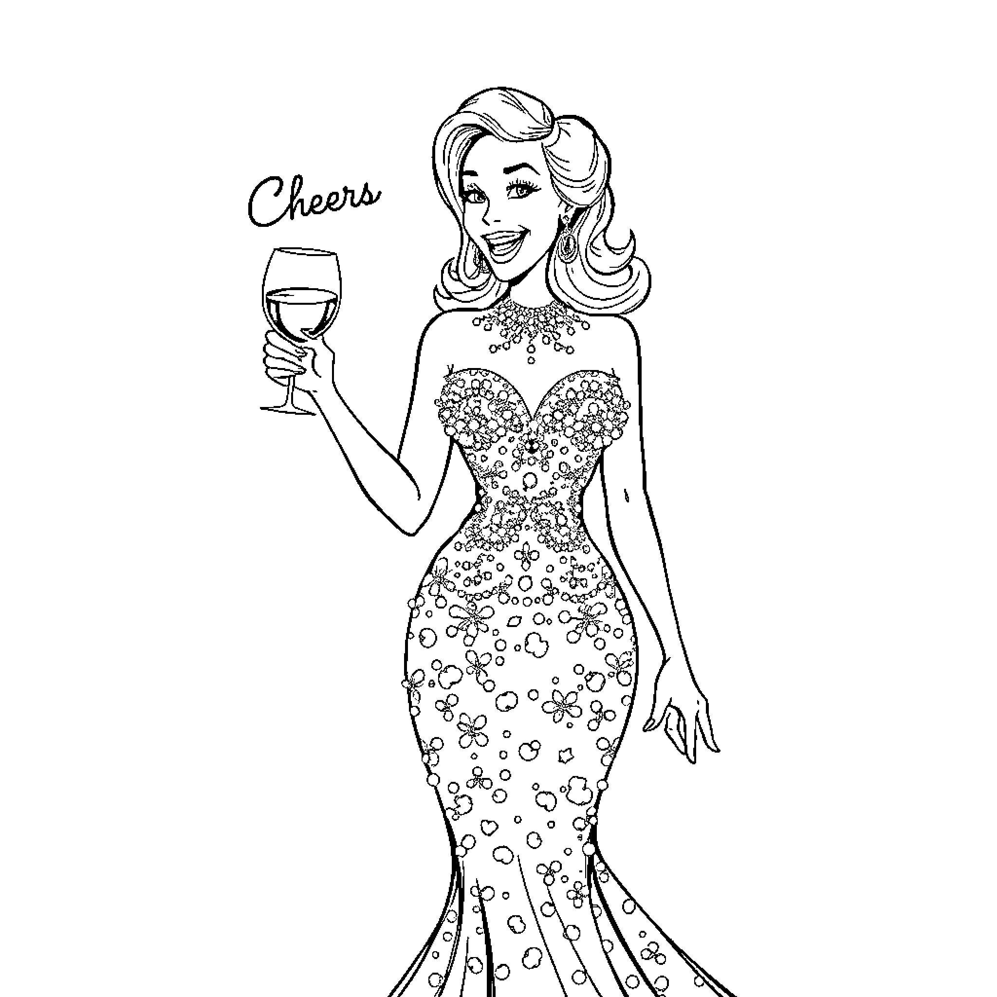 Denice Bourbon toasting with a glass of wine Coloring Page (free black-and-white line drawing printable PDF for all, from beginners to advanced learners, including children, teens, adults, and seniors)