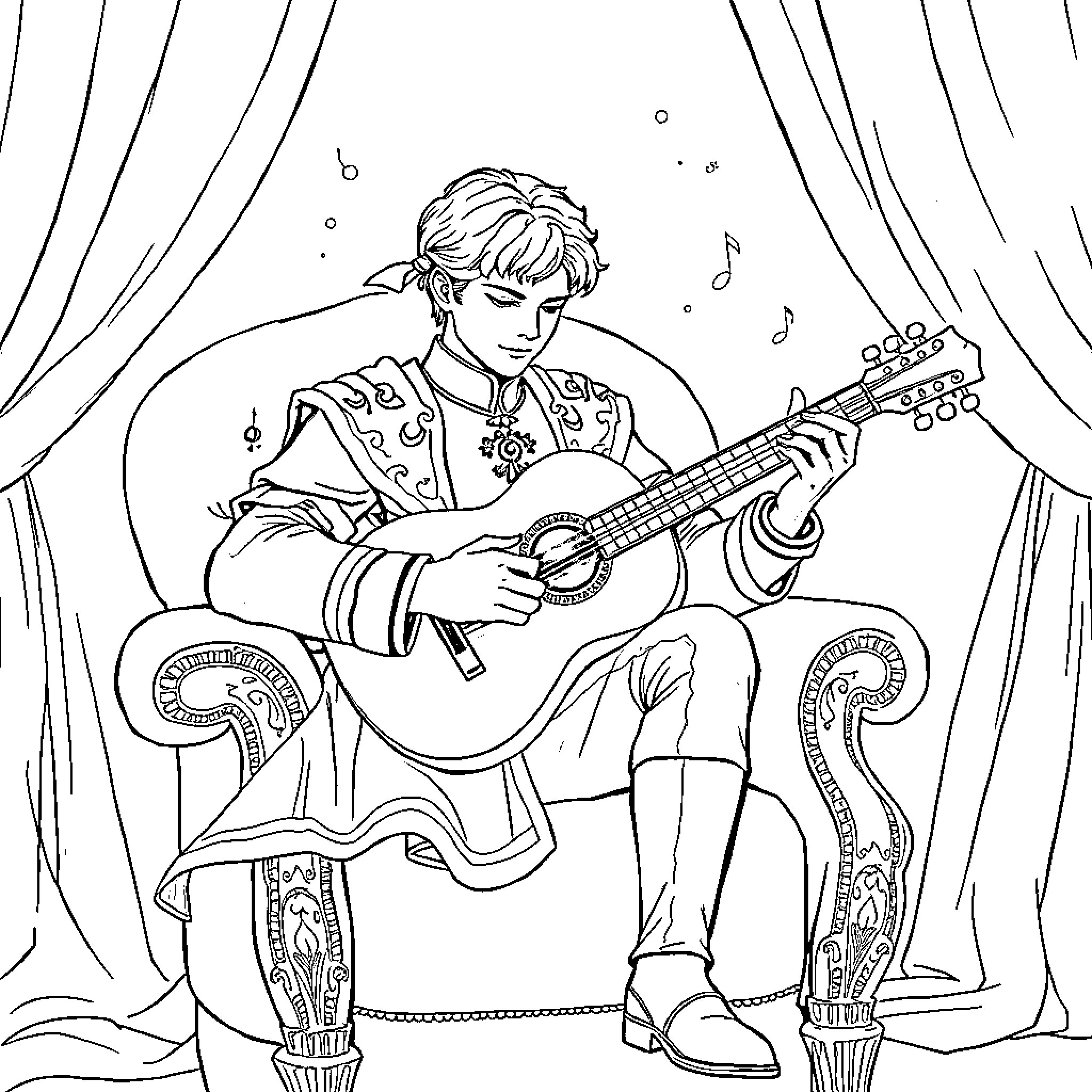 Prince Performing on Stage with Guitar Coloring Page (free black-and-white line drawing printable PDF for all, from beginners to advanced learners, including children, teens, adults, and seniors)