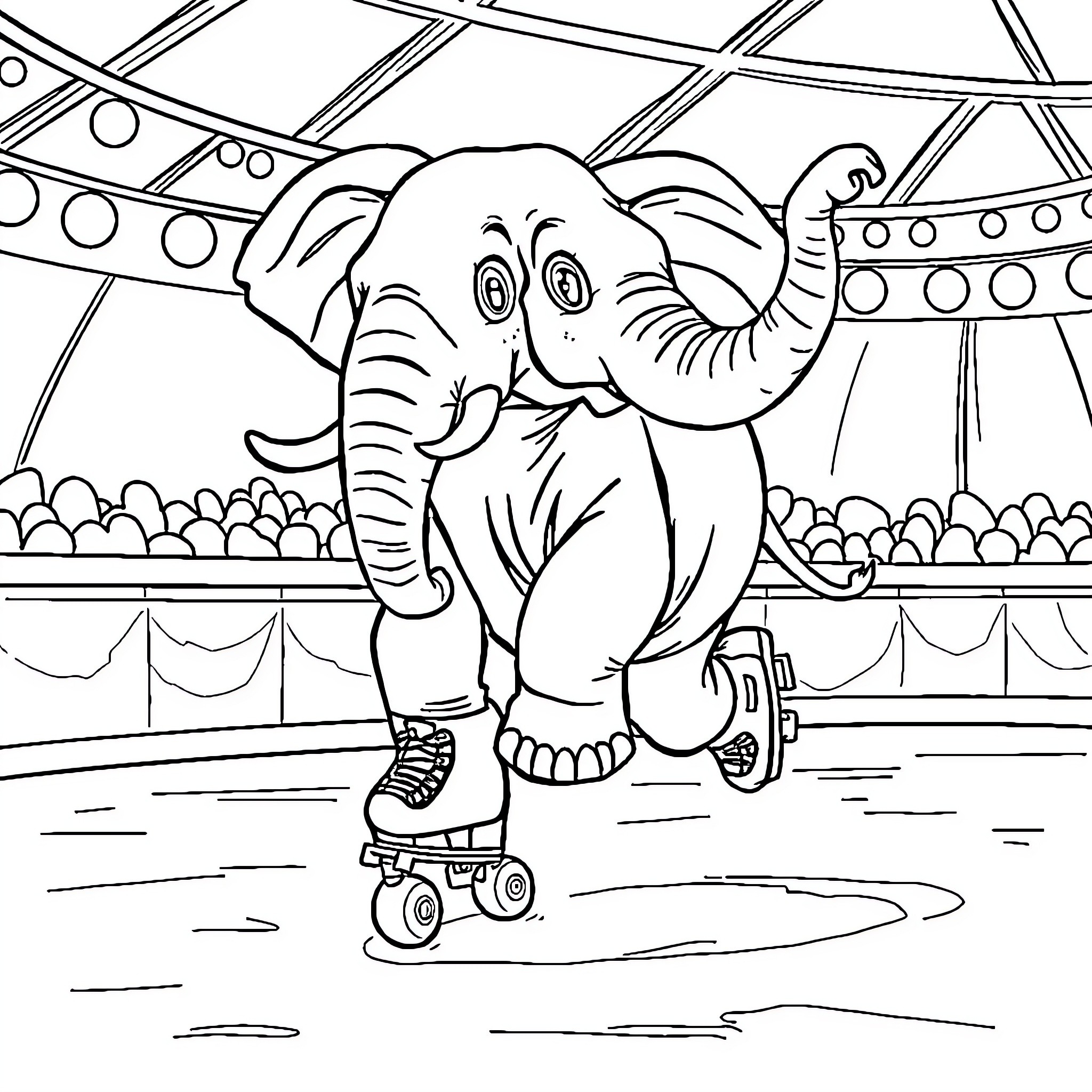 Elephant Rollerblading in the Circus Arena Coloring Page (free black-and-white line drawing printable PDF for all, from beginners to advanced learners, including children, teens, adults, and seniors)