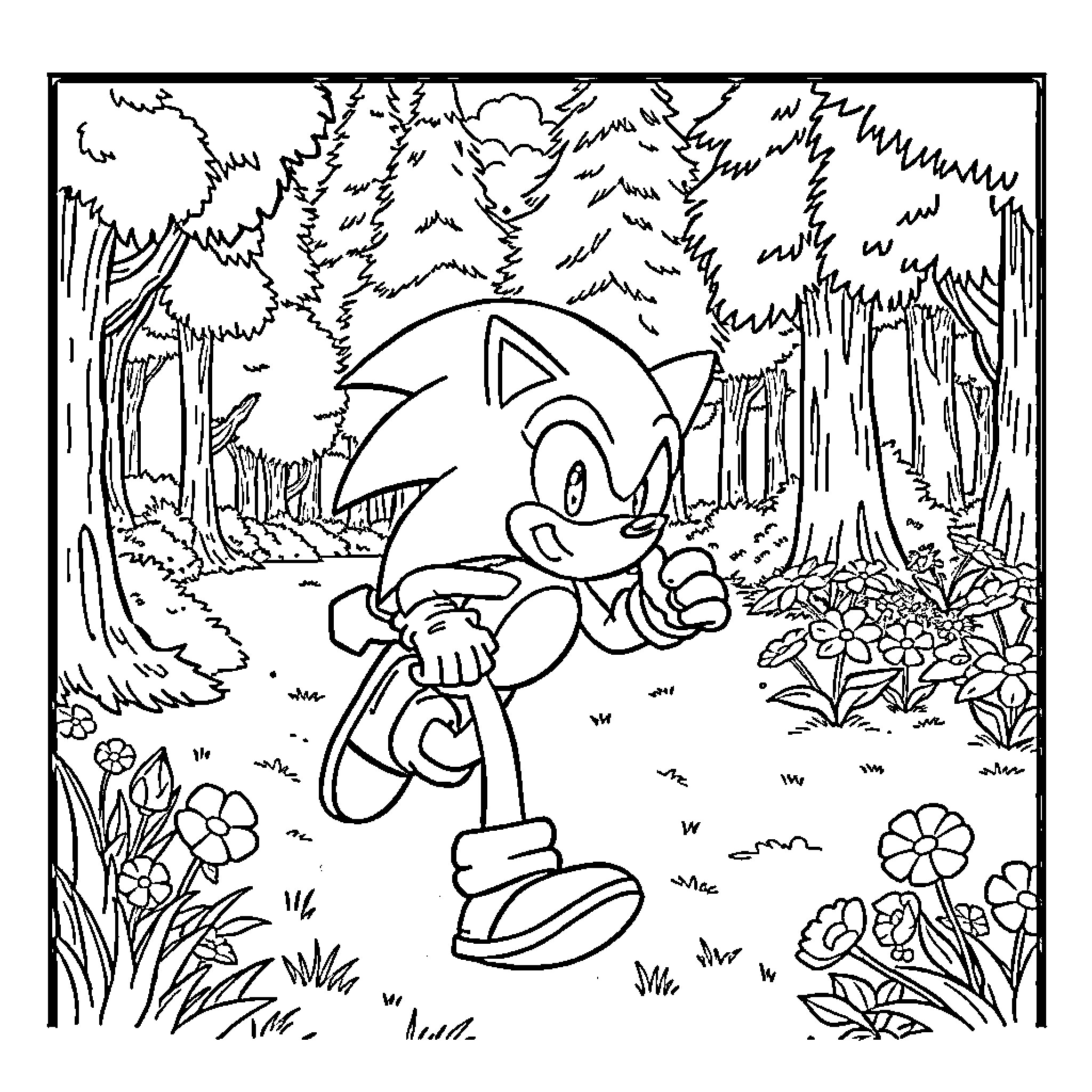 Sonic exploring the lush forest landscape Coloring Page (free black-and-white line drawing printable PDF for all, from beginners to advanced learners, including children, teens, adults, and seniors)