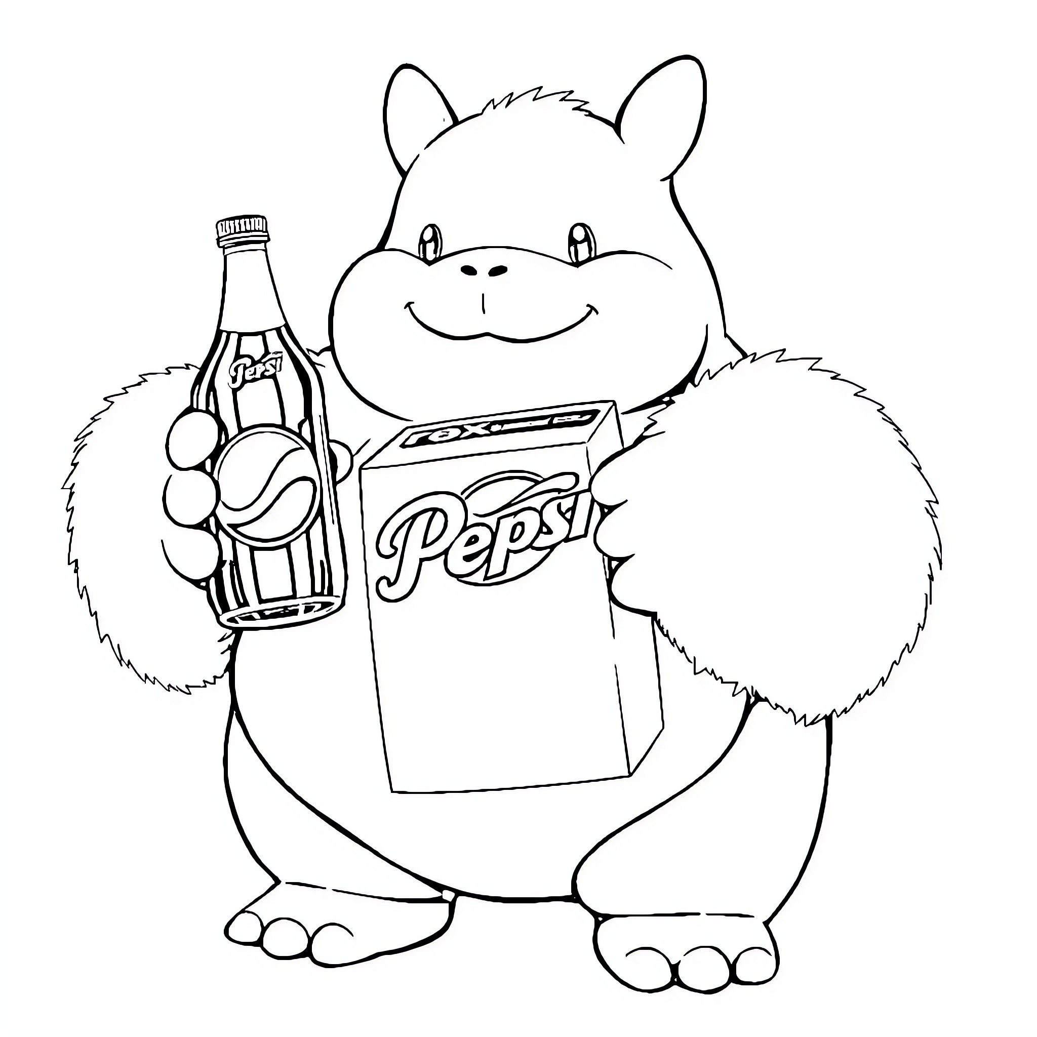Snorlax enjoying a refreshing Pepsi drink Coloring Page (free black-and-white line drawing printable PDF for all, from beginners to advanced learners, including children, teens, adults, and seniors)