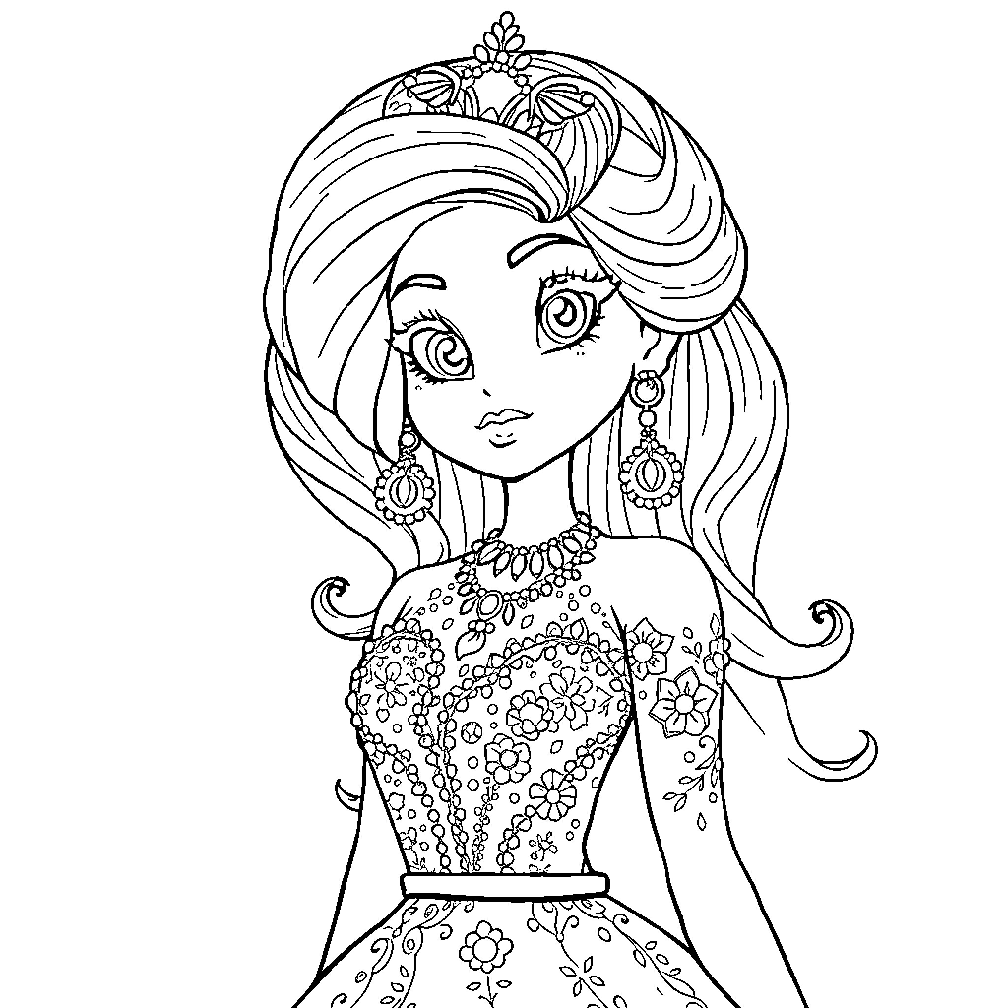 Bluey in a Floral Dress with Intricate Patterns Coloring Page (free black-and-white line drawing printable PDF for all, from beginners to advanced learners, including children, teens, adults, and seniors)