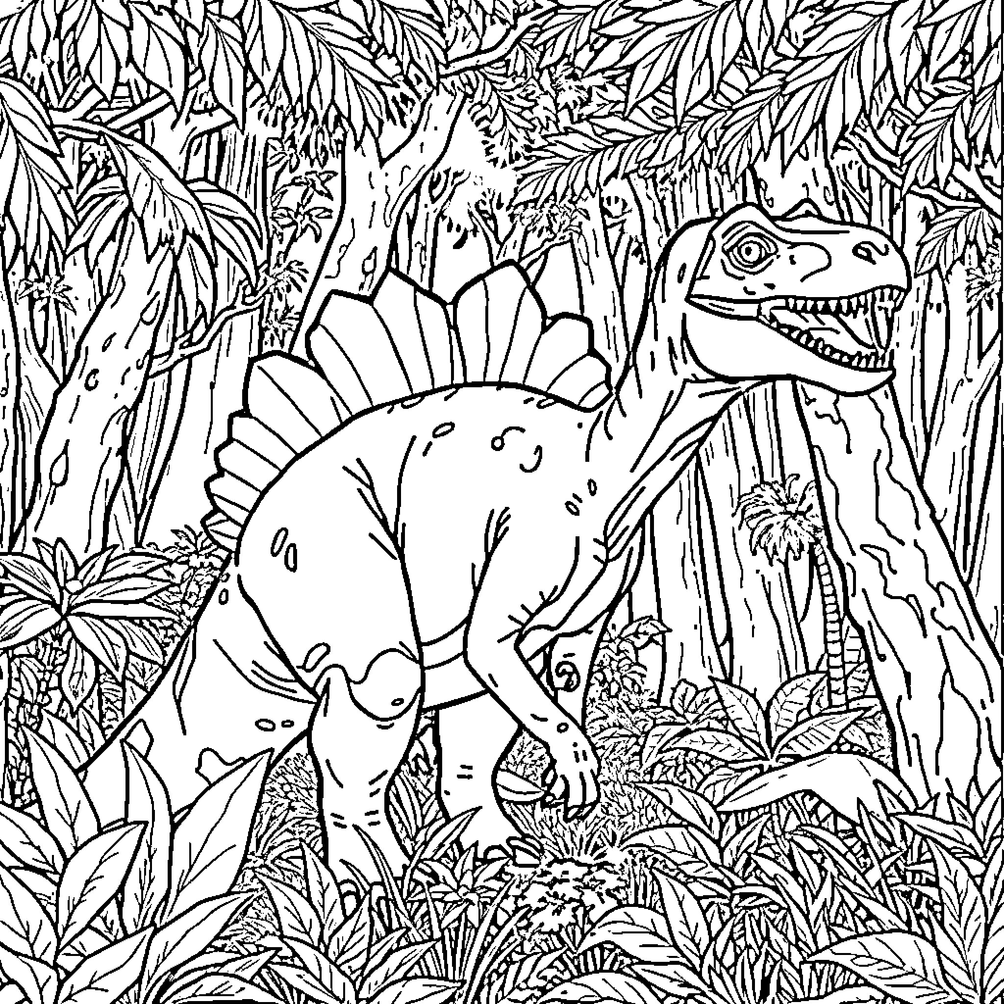 Dinosaur in the Lush Jungle Habitat Coloring Page (free black-and-white line drawing printable PDF for all, from beginners to advanced learners, including children, teens, adults, and seniors)