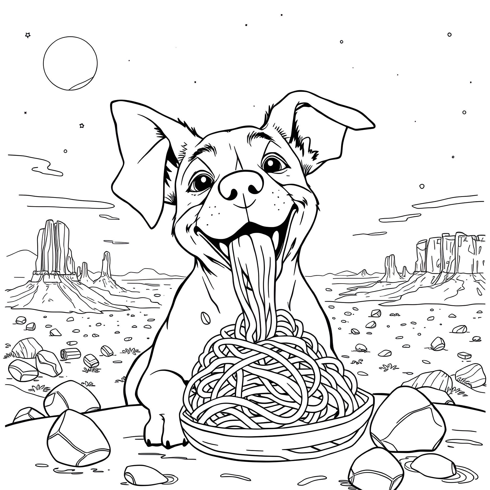 Dog Enjoying Spaghetti in the Desert Coloring Page (free black-and-white line drawing printable PDF for all, from beginners to advanced learners, including children, teens, adults, and seniors)