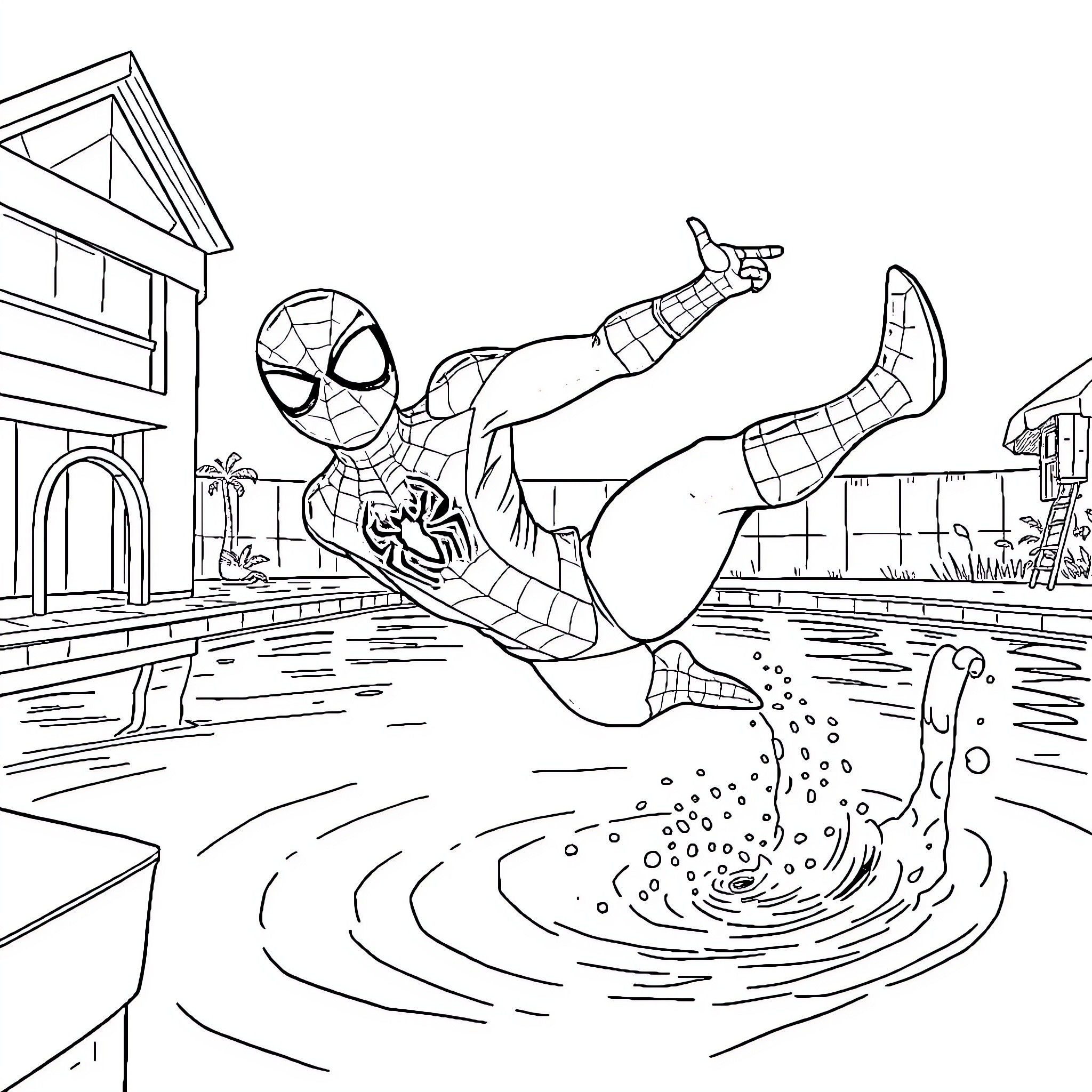 Spidey swinging into action in the city Coloring Page (free black-and-white line drawing printable PDF for all, from beginners to advanced learners, including children, teens, adults, and seniors)