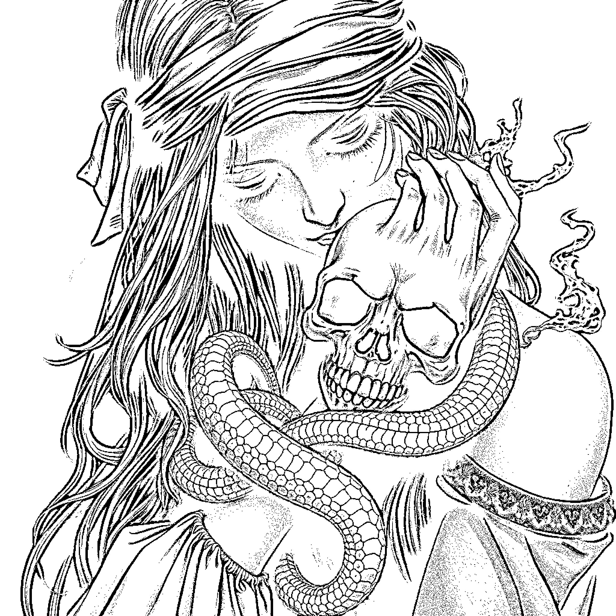 Woman with Mystical Snake Creature Coloring Page (free black-and-white line drawing printable PDF for all, from beginners to advanced learners, including children, teens, adults, and seniors)