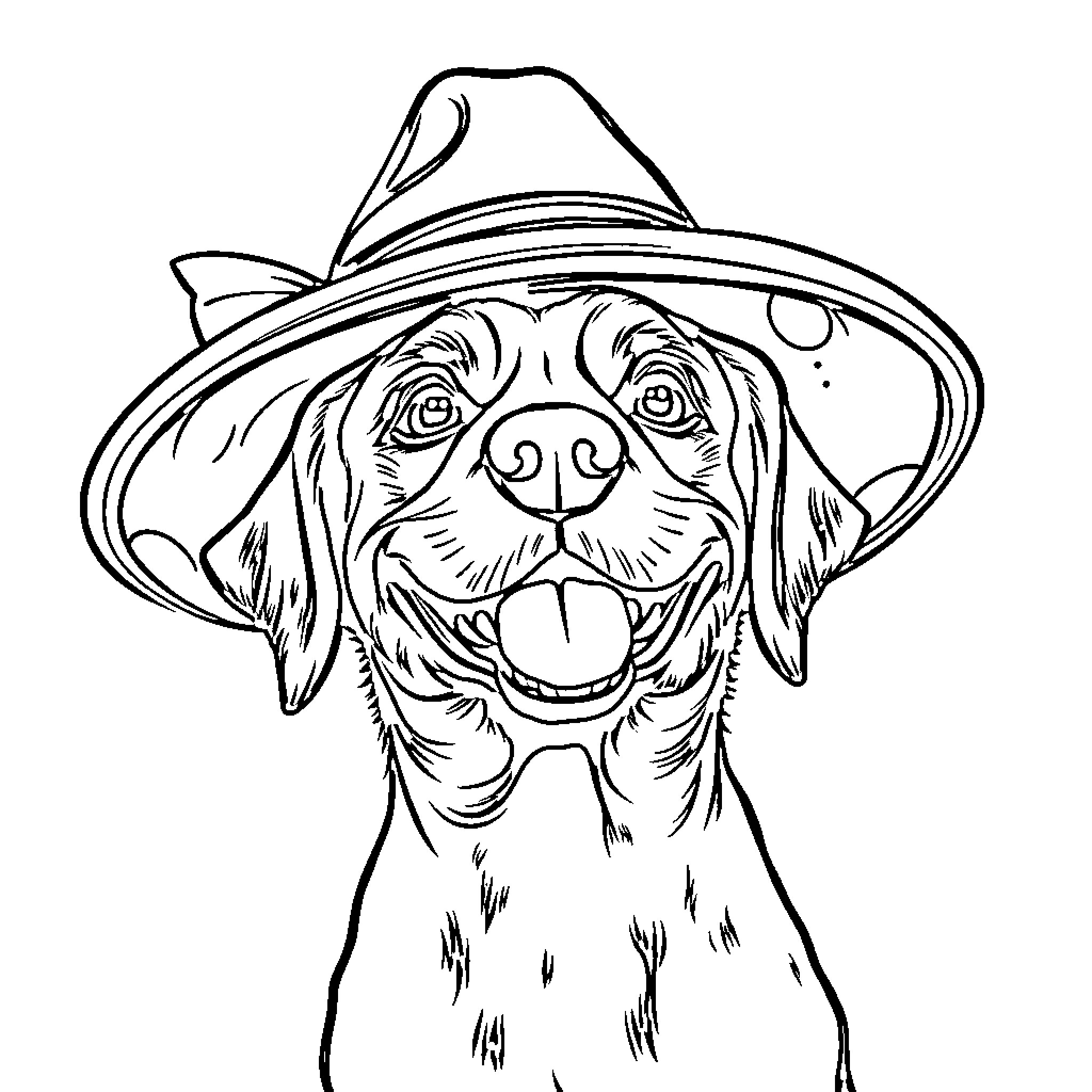 Dog wearing a cowboy hat Coloring Page (free black-and-white line drawing printable PDF for all, from beginners to advanced learners, including children, teens, adults, and seniors)