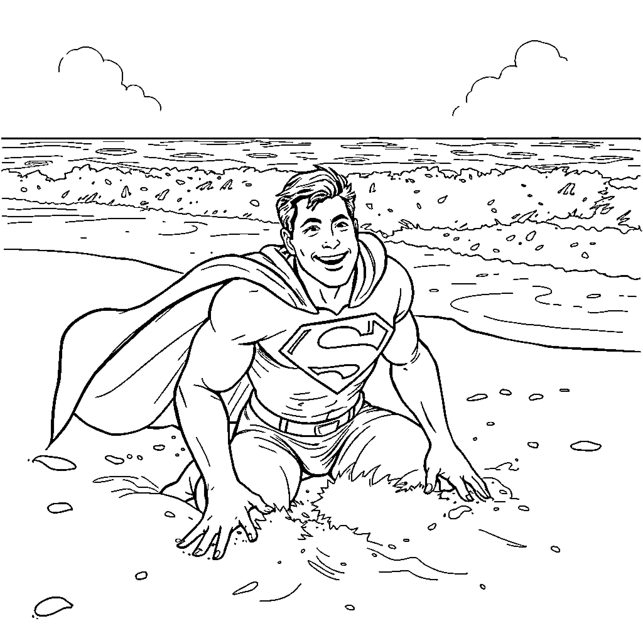 Superman enjoying a relaxing day at the beach Coloring Page (free black-and-white line drawing printable PDF for all, from beginners to advanced learners, including children, teens, adults, and seniors)