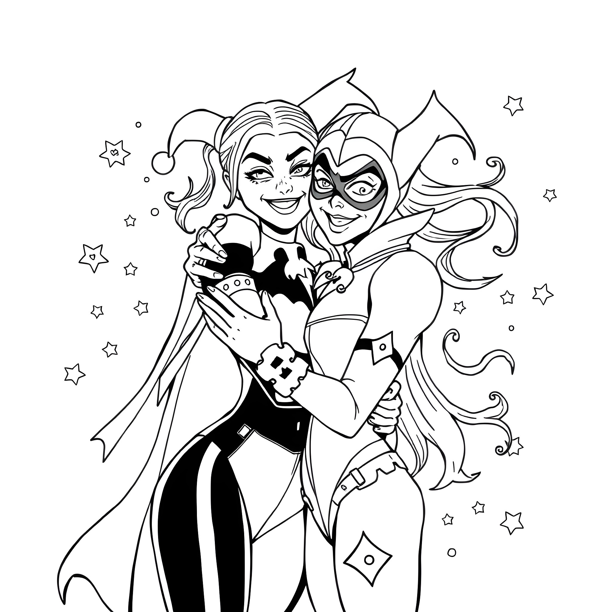 Harley Quinn and Poison Ivy's Mischievous Antics Coloring Page (free black-and-white line drawing printable PDF for all, from beginners to advanced learners, including children, teens, adults, and seniors)