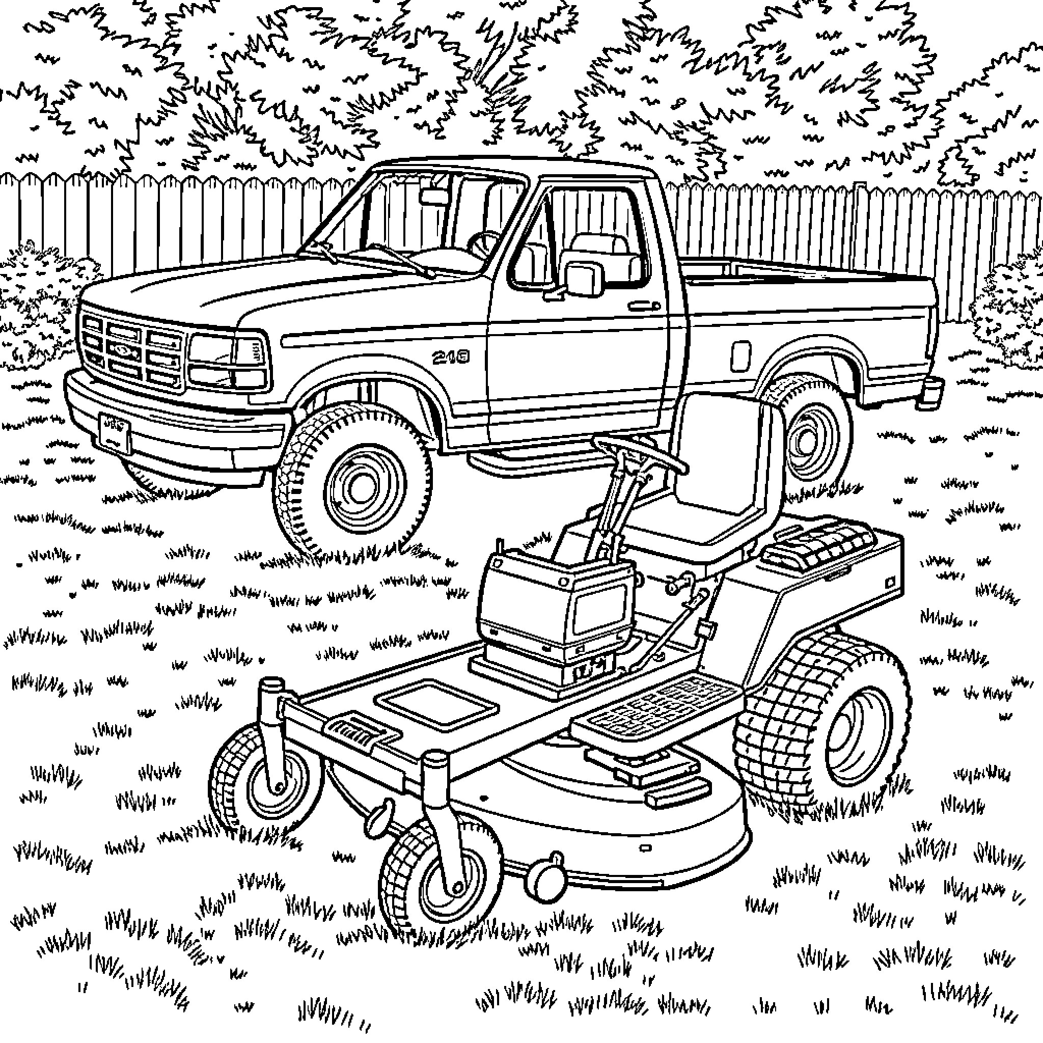 Lawn Mower operating near truck in backyard Coloring Page (free black-and-white line drawing printable PDF for all, from beginners to advanced learners, including children, teens, adults, and seniors)