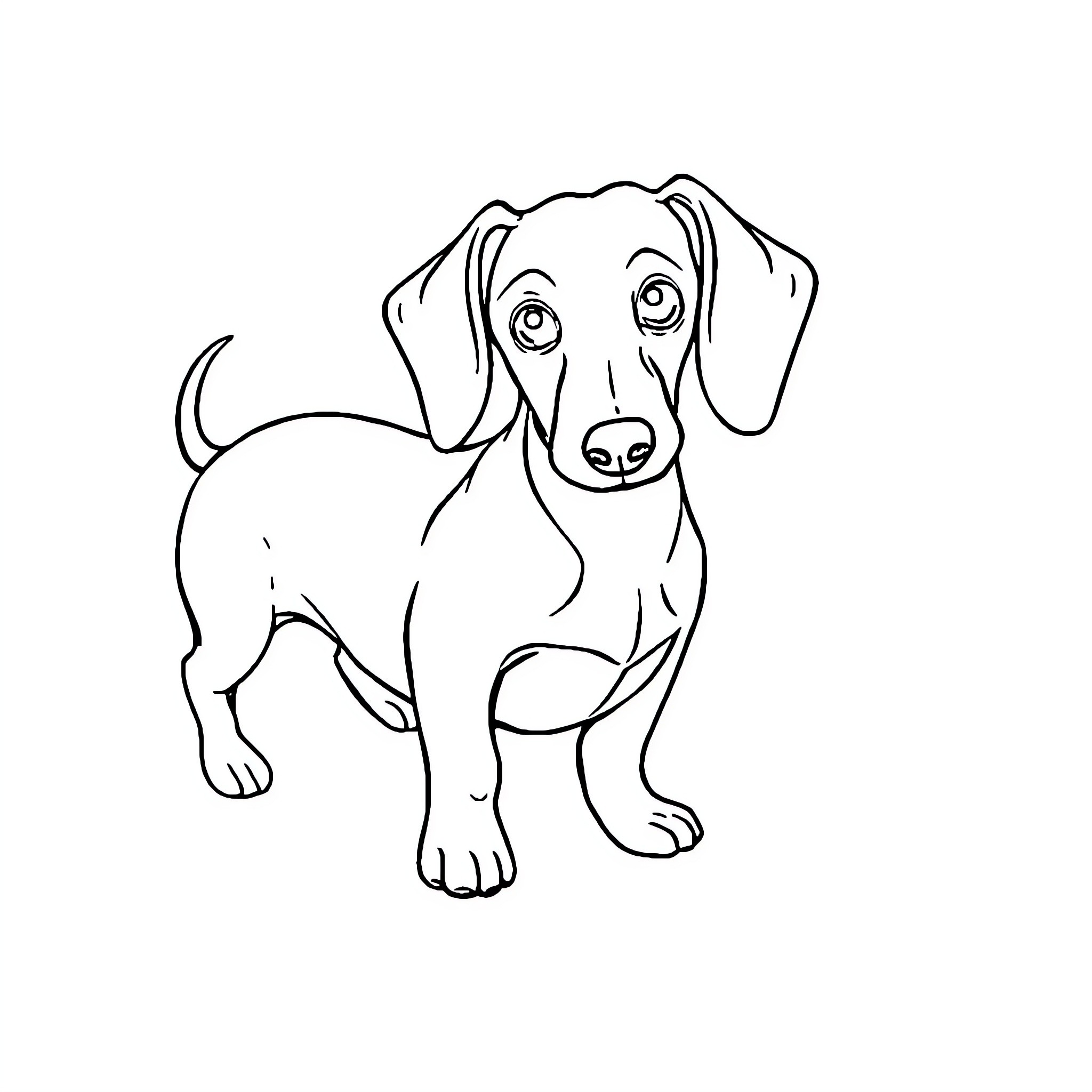 Sausage Dog sitting and looking curious Coloring Page (free black-and-white line drawing printable PDF for all, from beginners to advanced learners, including children, teens, adults, and seniors)