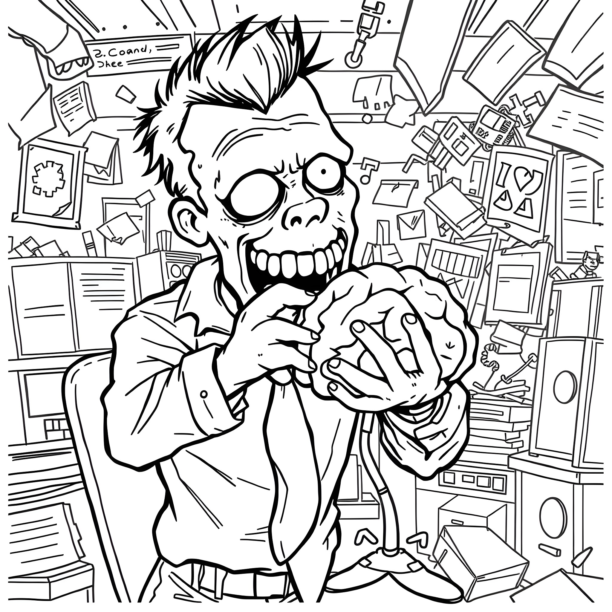 Zombie office worker frantically clutching files in chaotic workspace Coloring Page (free black-and-white line drawing printable PDF for all, from beginners to advanced learners, including children, teens, adults, and seniors)