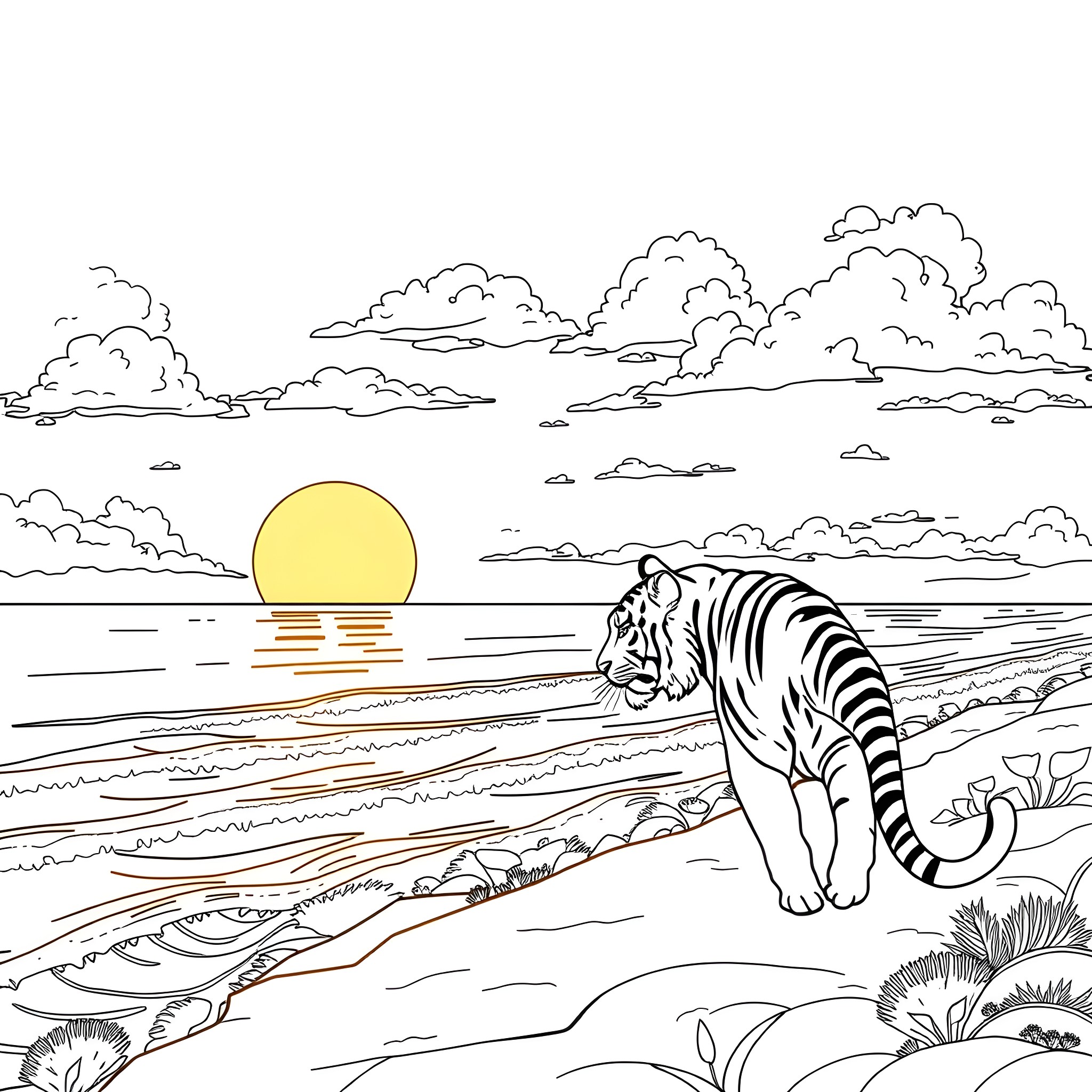 Tiger walking gracefully along the beach at sunset Coloring Page (free black-and-white line drawing printable PDF for all, from beginners to advanced learners, including children, teens, adults, and seniors)