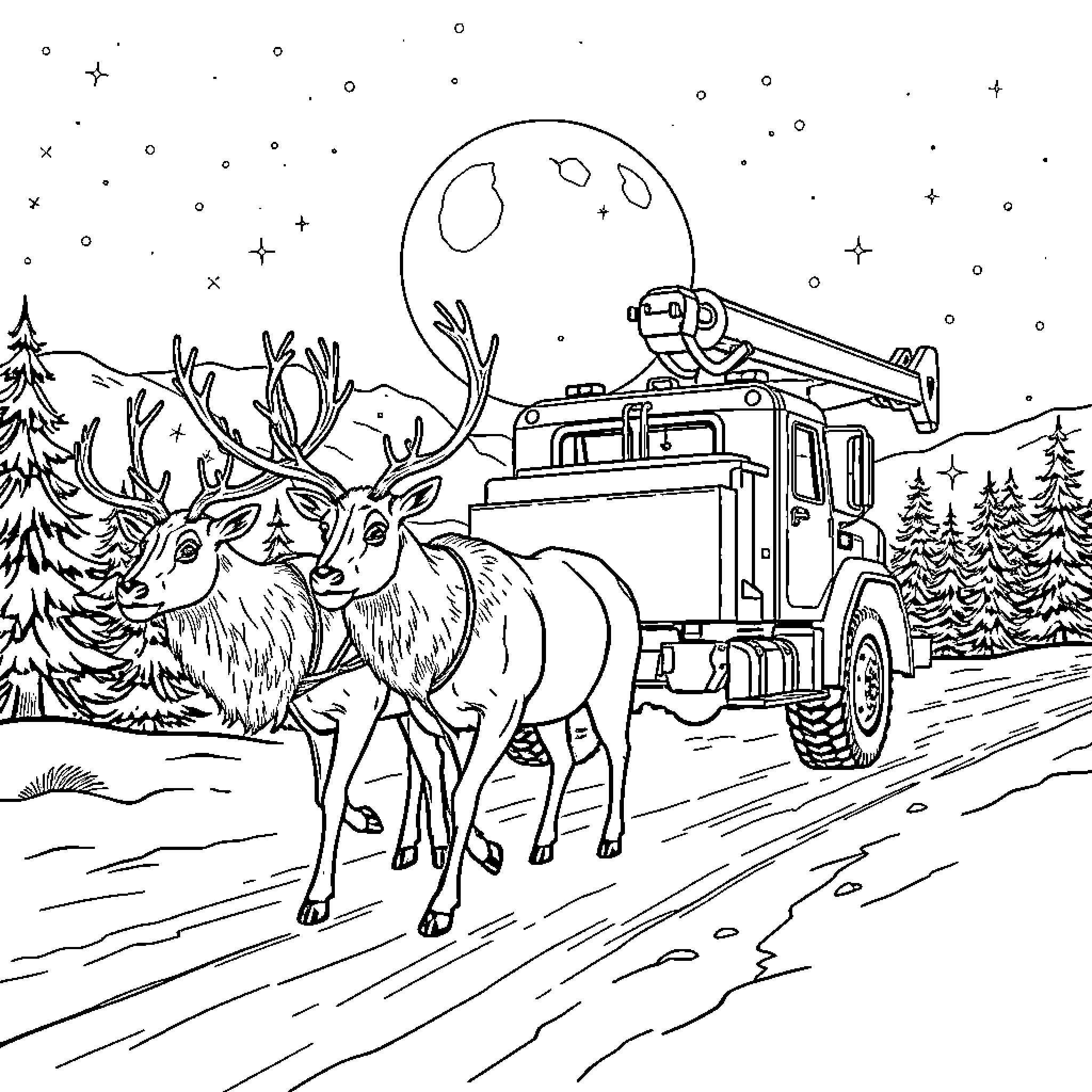 Reindeer pulling a truck in a snowy landscape Coloring Page (free black-and-white line drawing printable PDF for all, from beginners to advanced learners, including children, teens, adults, and seniors)