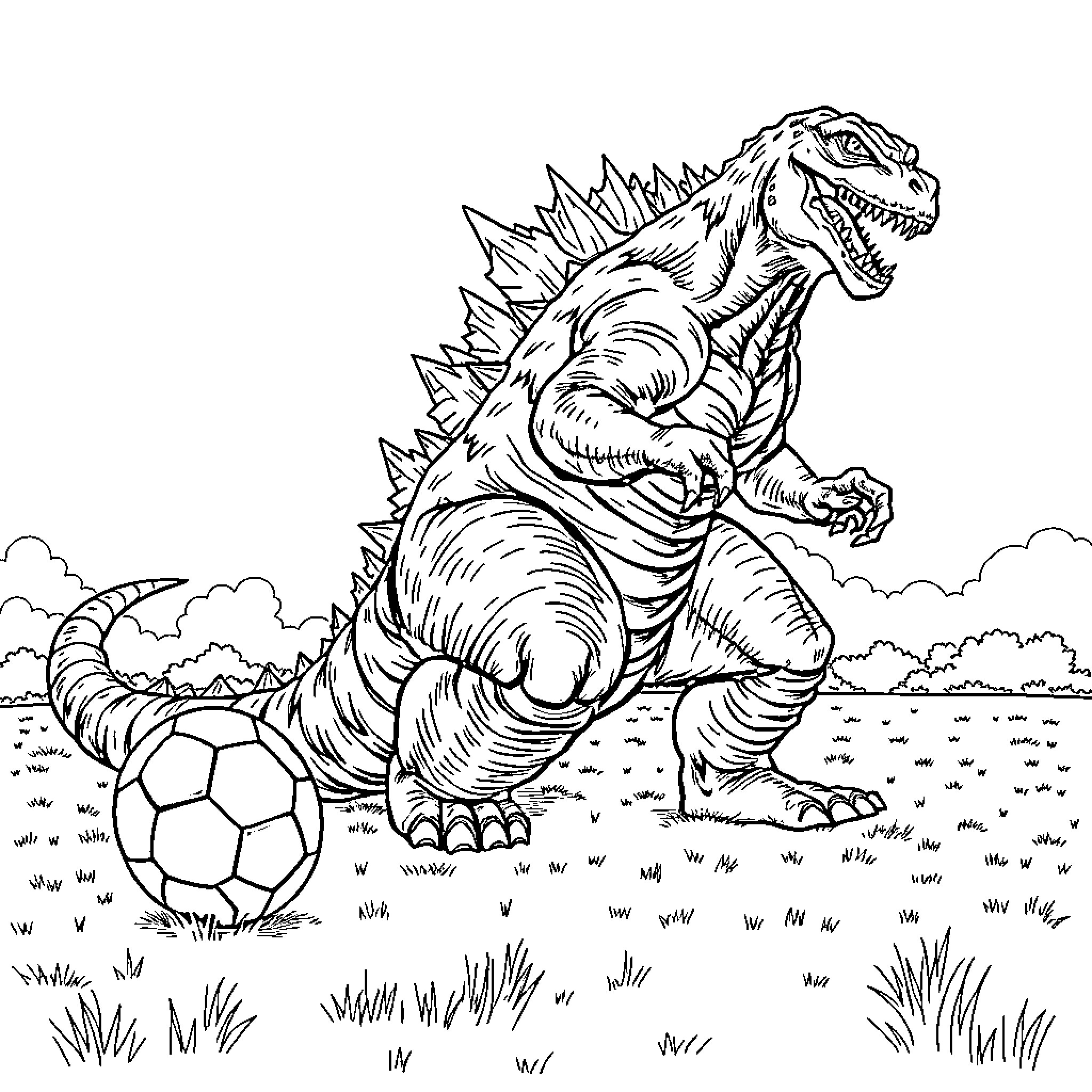 Godzilla playing with a soccer ball in the park Coloring Page (free black-and-white line drawing printable PDF for all, from beginners to advanced learners, including children, teens, adults, and seniors)