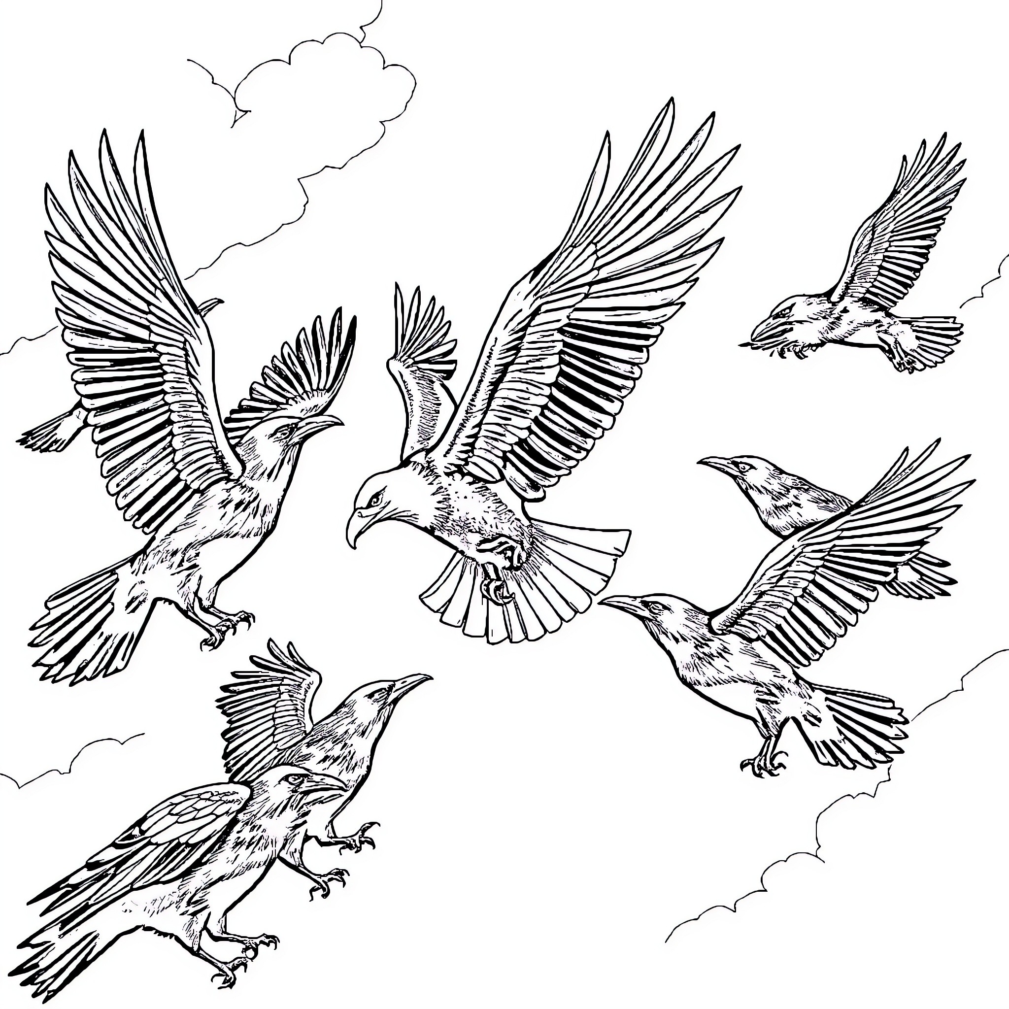 Crows soaring freely in the sky Coloring Page (free black-and-white line drawing printable PDF for all, from beginners to advanced learners, including children, teens, adults, and seniors)