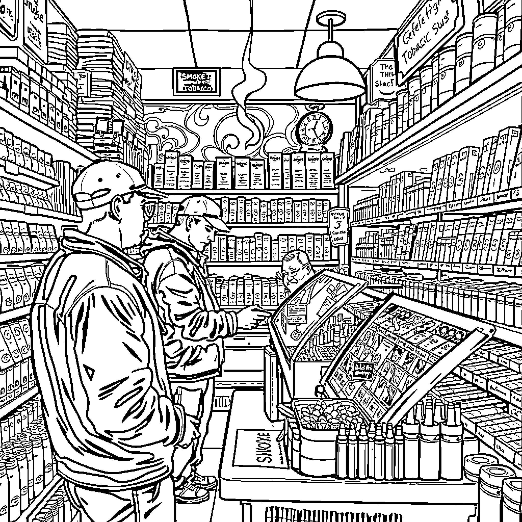 Workers examining shelved products in a busy store Coloring Page (free black-and-white line drawing printable PDF for all, from beginners to advanced learners, including children, teens, adults, and seniors)