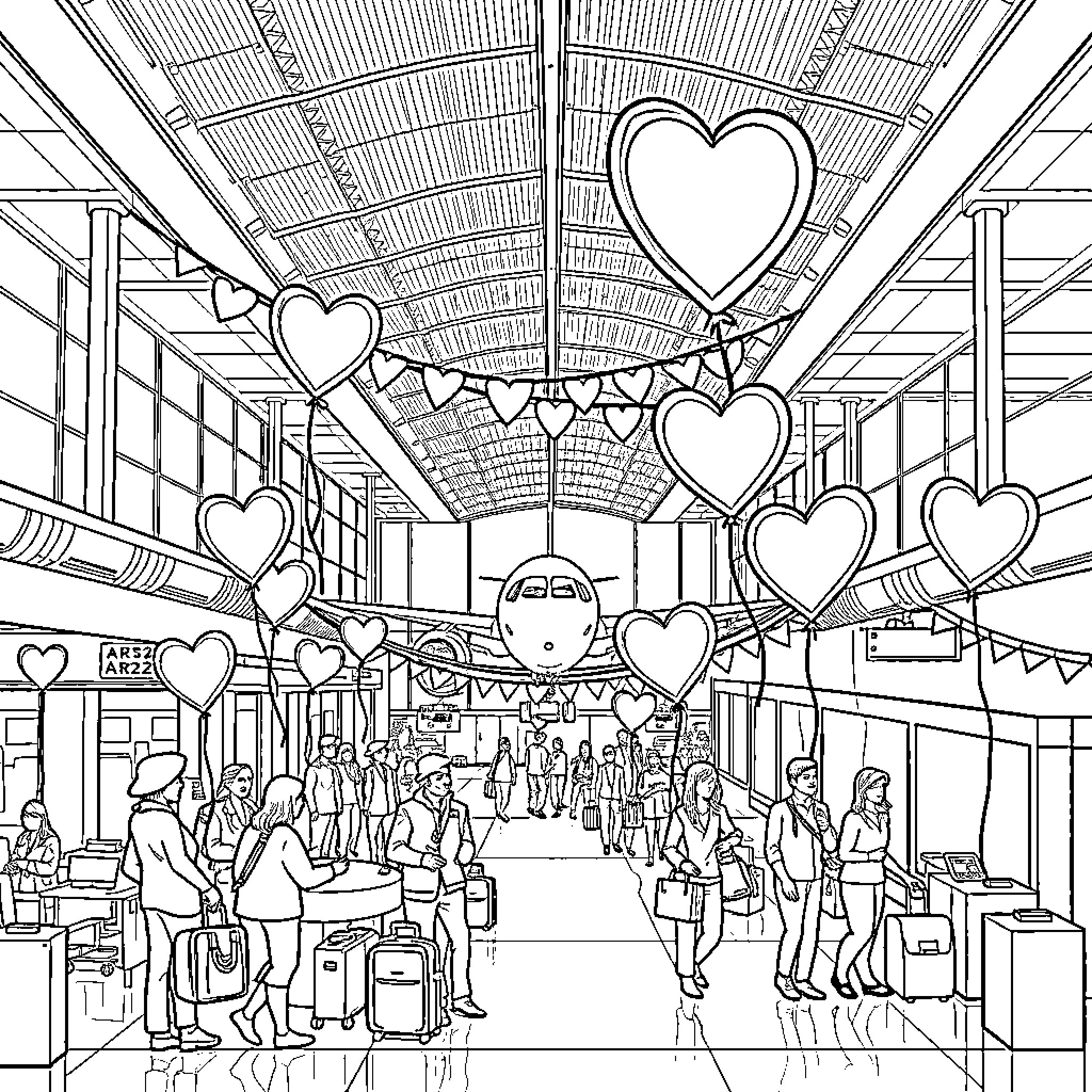 Valentine's Day at the Terminal: Hearts, Crowds, and Travelers Coloring Page (free black-and-white line drawing printable PDF for all, from beginners to advanced learners, including children, teens, adults, and seniors)