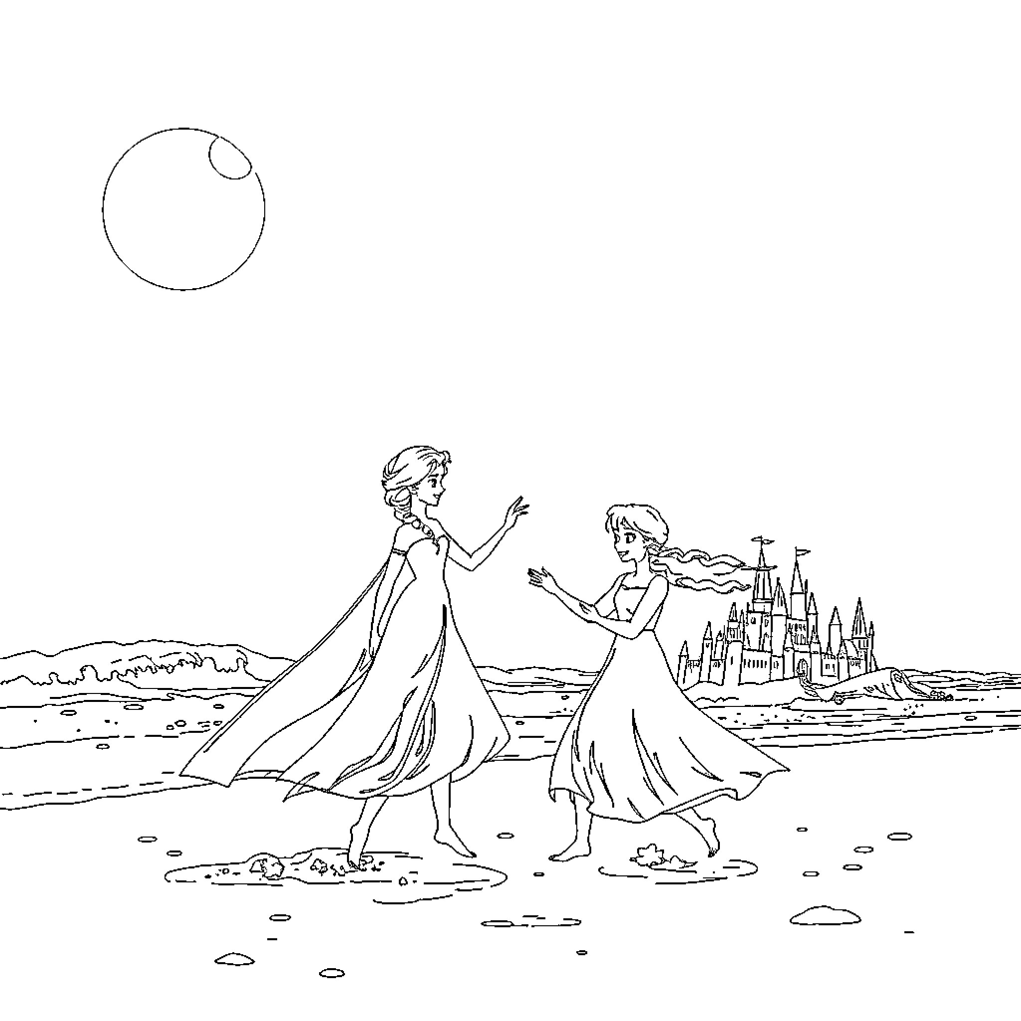 Elsa and Anna explore the magical kingdom Coloring Page (free black-and-white line drawing printable PDF for all, from beginners to advanced learners, including children, teens, adults, and seniors)