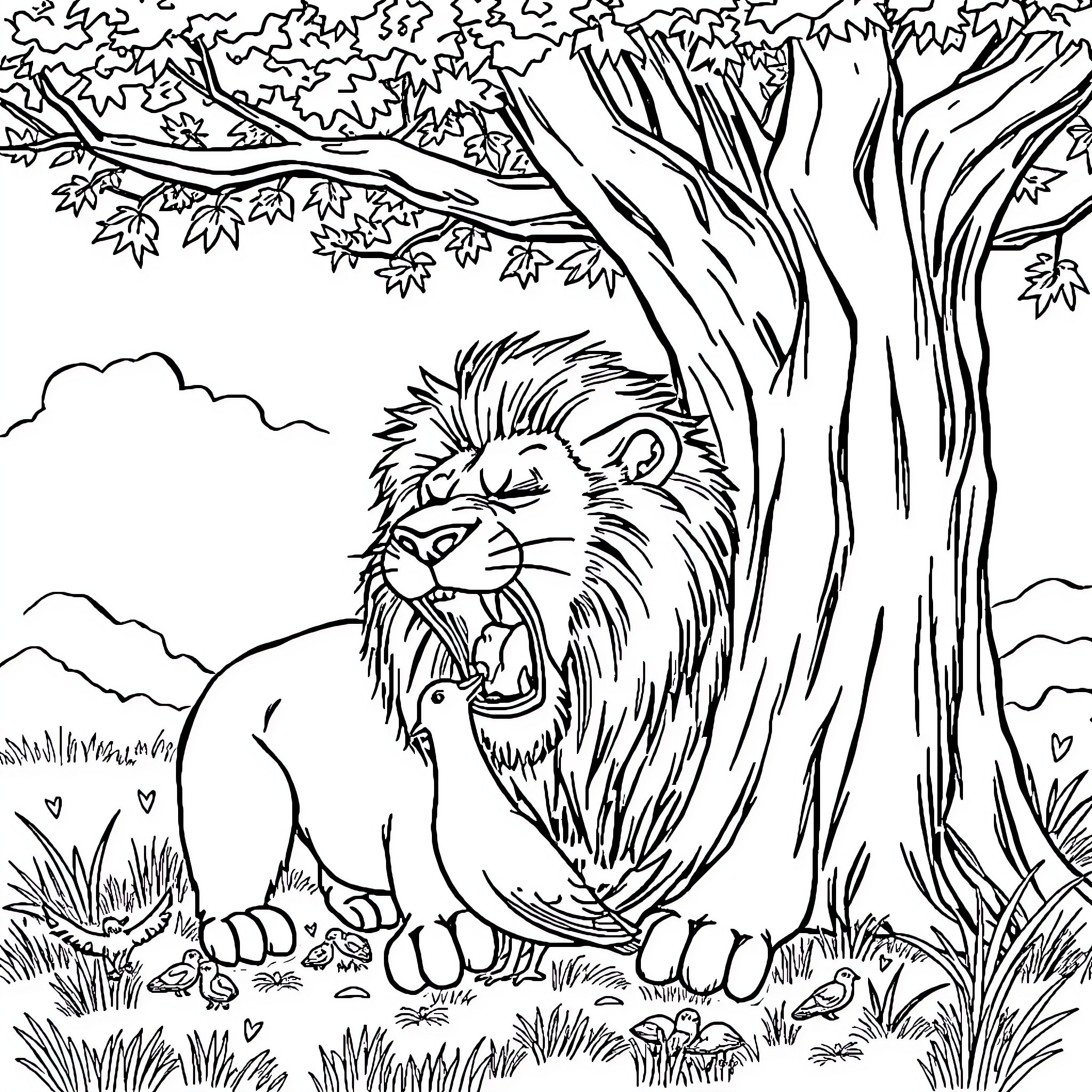 Lion roaring in the wilderness Coloring Page (free black-and-white line drawing printable PDF for all, from beginners to advanced learners, including children, teens, adults, and seniors)