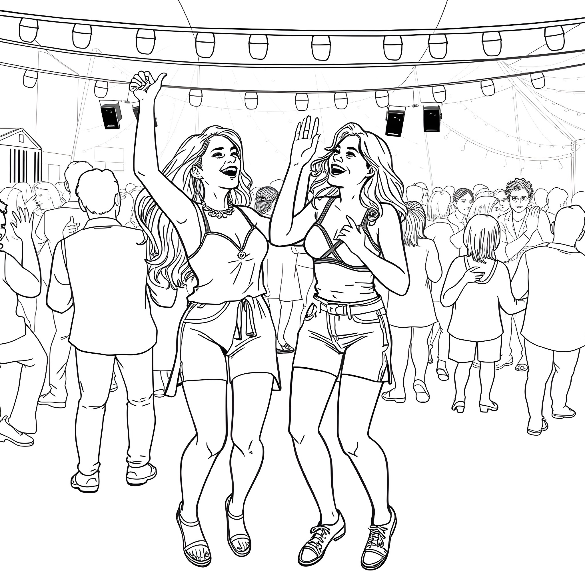 Girlfriend Joyfully Dancing at Music Festival Coloring Page (free black-and-white line drawing printable PDF for all, from beginners to advanced learners, including children, teens, adults, and seniors)