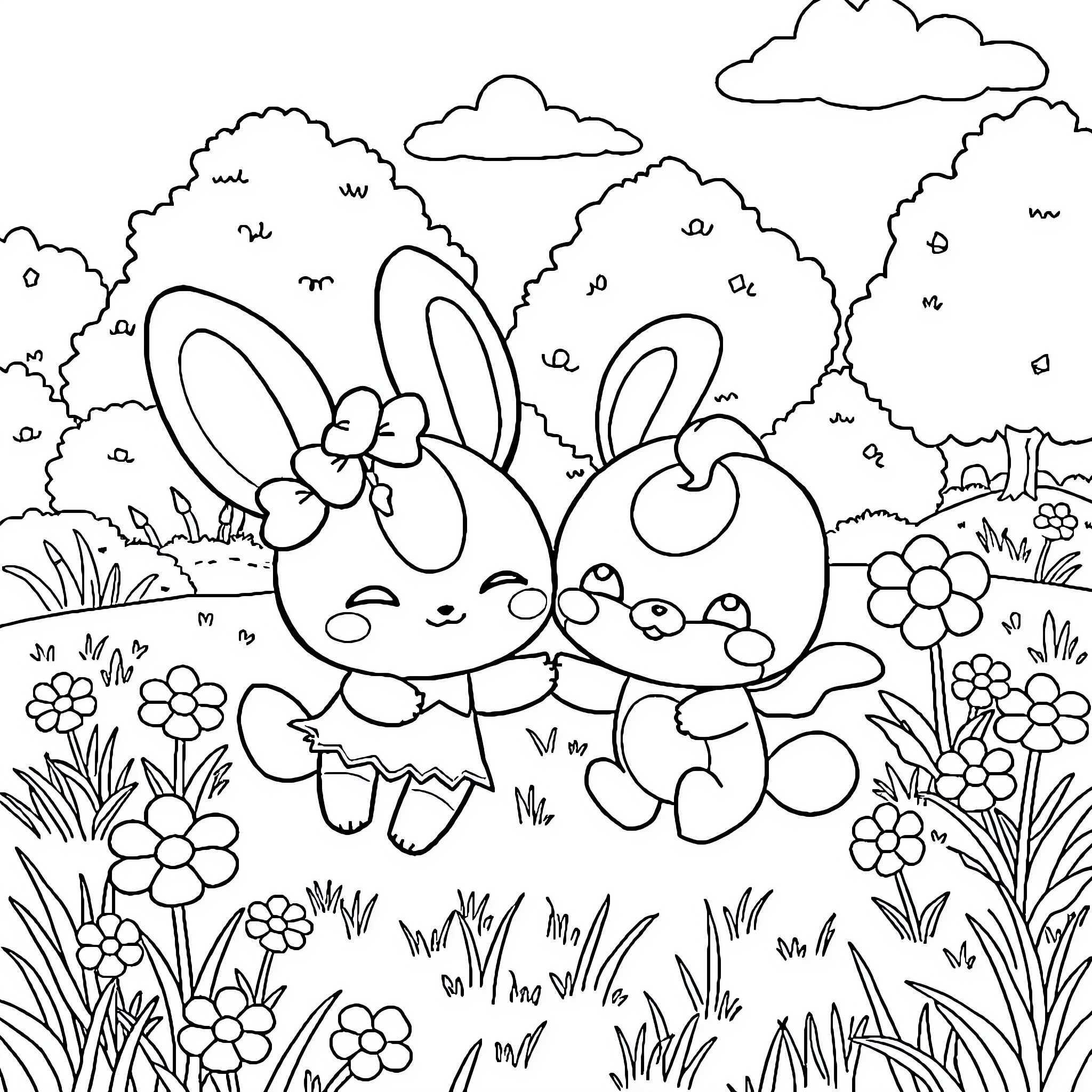 Cinnamoroll frolicking with friends in a floral meadow Coloring Page (free black-and-white line drawing printable PDF for all, from beginners to advanced learners, including children, teens, adults, and seniors)