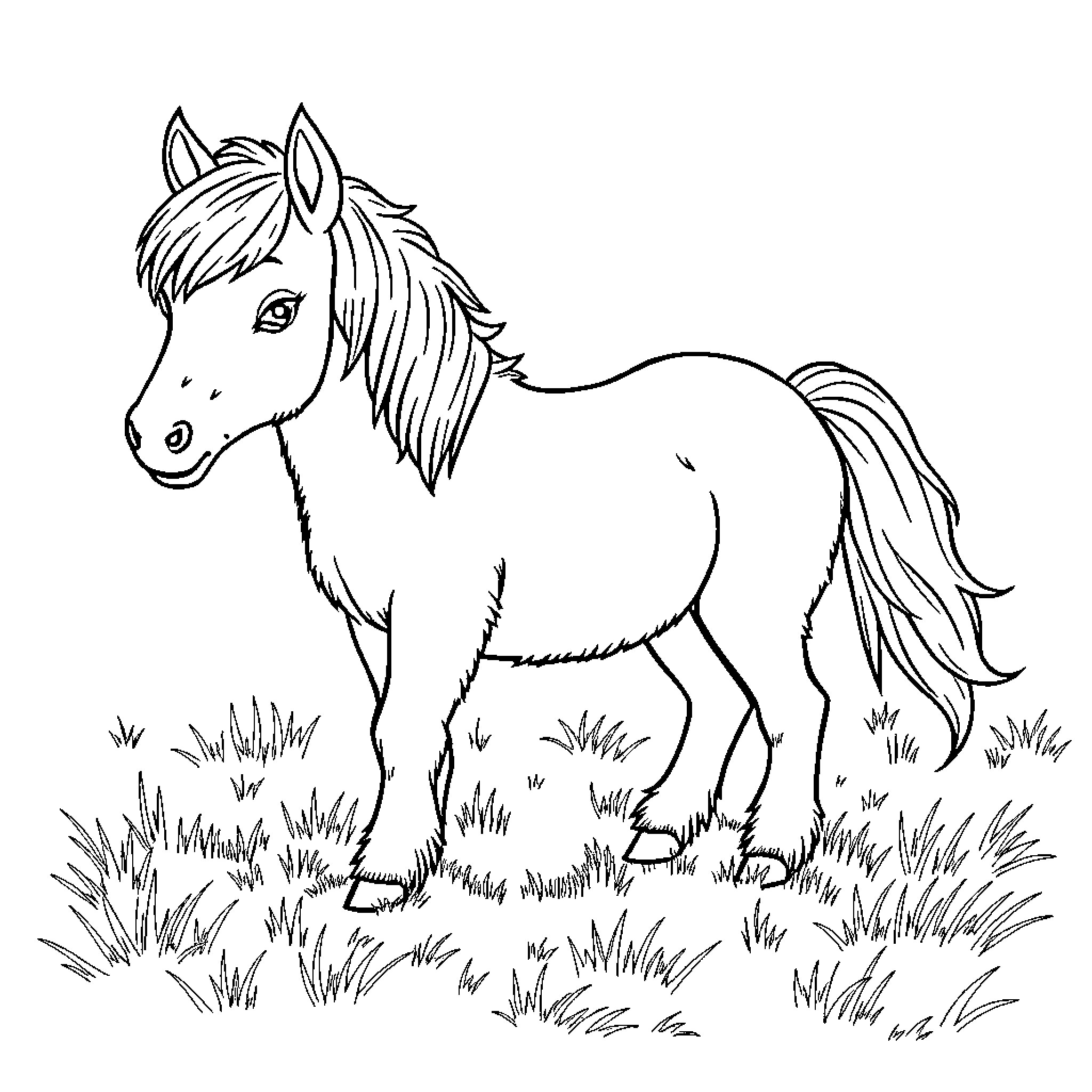 Pony standing in a grassy field Coloring Page (free black-and-white line drawing printable PDF for all, from beginners to advanced learners, including children, teens, adults, and seniors)