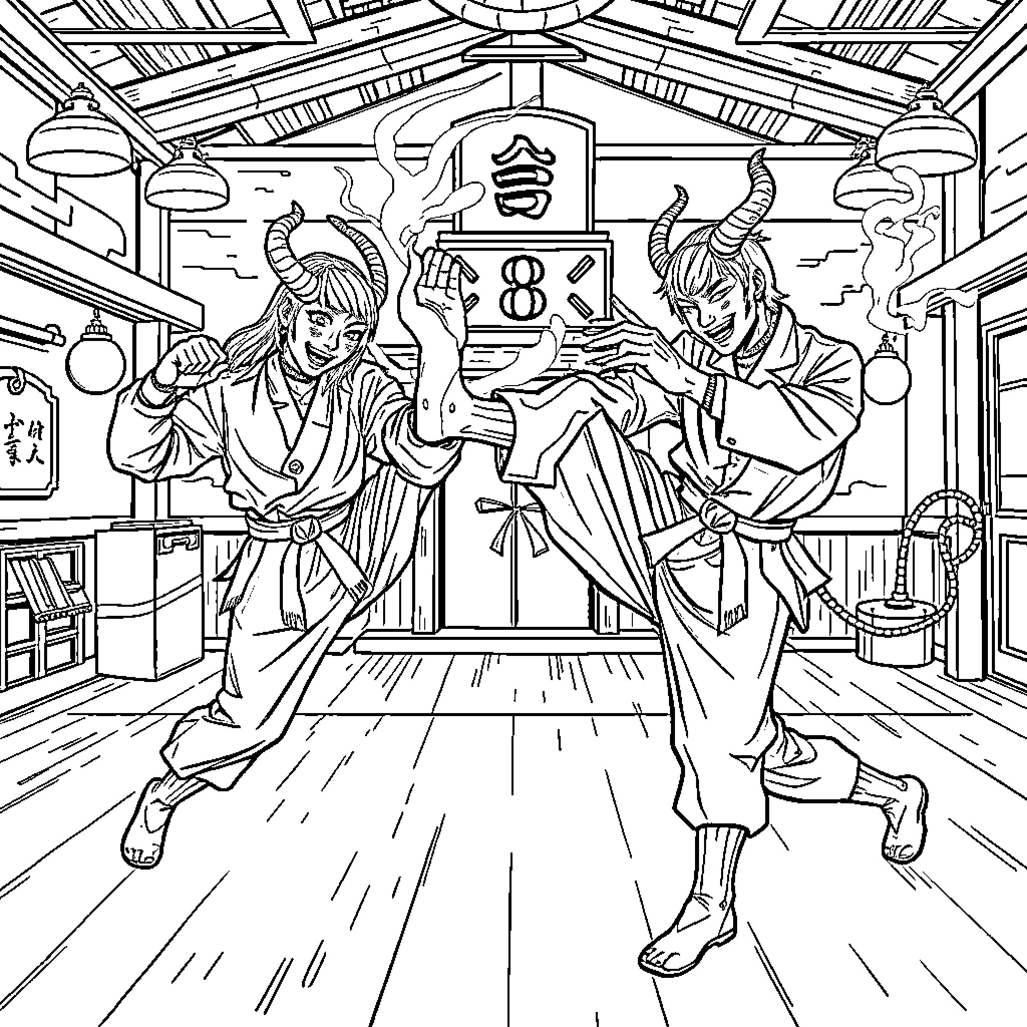 Demon Hunter Duo in Fierce Battle Pose Coloring Page (free black-and-white line drawing printable PDF for all, from beginners to advanced learners, including children, teens, adults, and seniors)